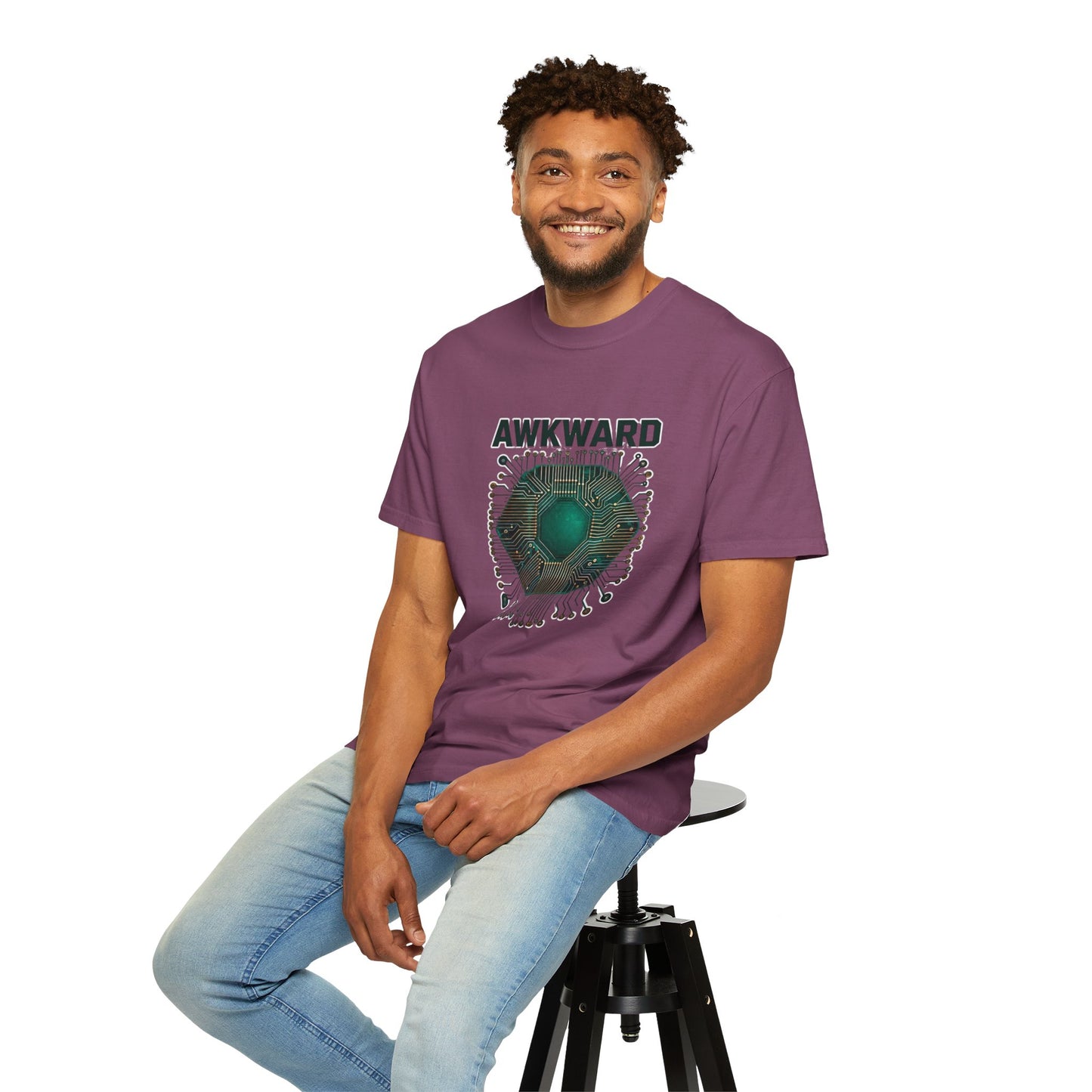 Awkward Club T-Shirt — 3D Green Microchip Graphic, Vintage Wash