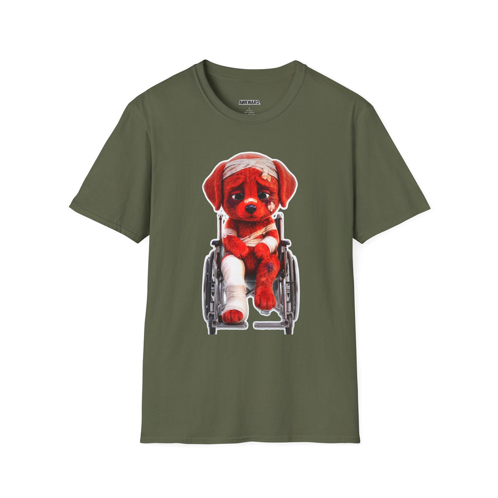 Sad Bandaged Dog Wheelchair T-Shirt — "AWKWARD." Grunge Anti‑Social Tee