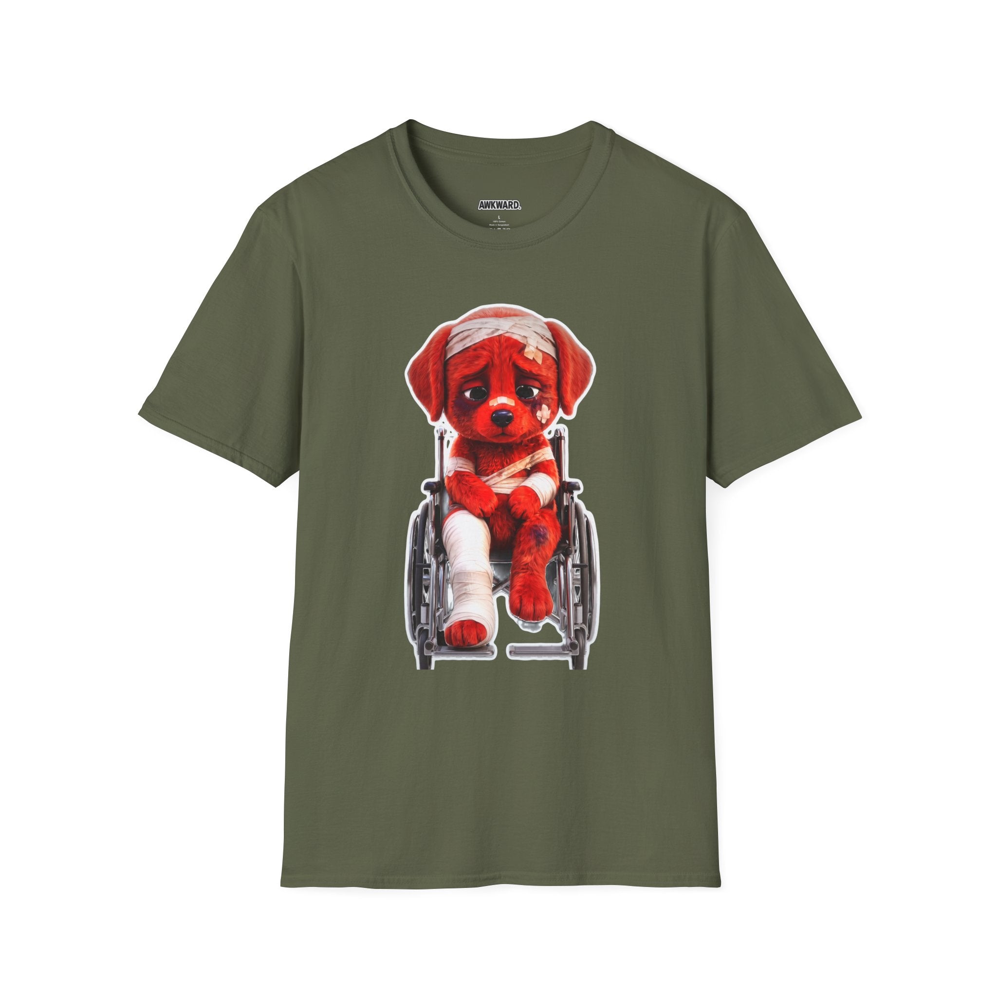 Sad Bandaged Dog Wheelchair T-Shirt — "AWKWARD." Grunge Anti‑Social Tee