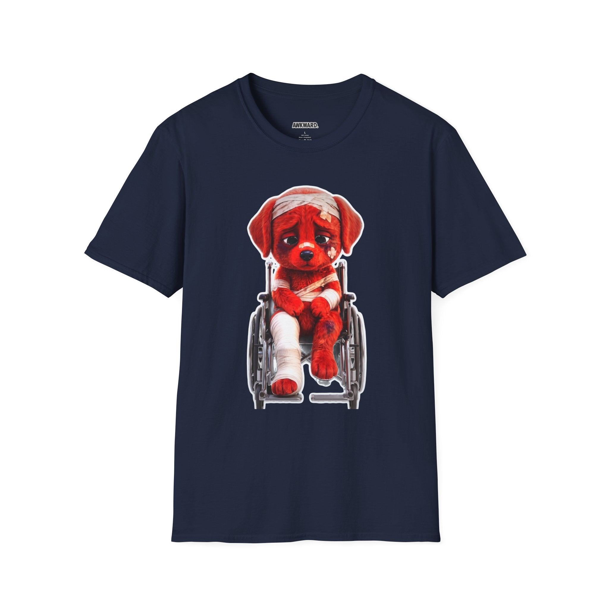 Sad Bandaged Dog Wheelchair T-Shirt — "AWKWARD." Grunge Anti‑Social Tee