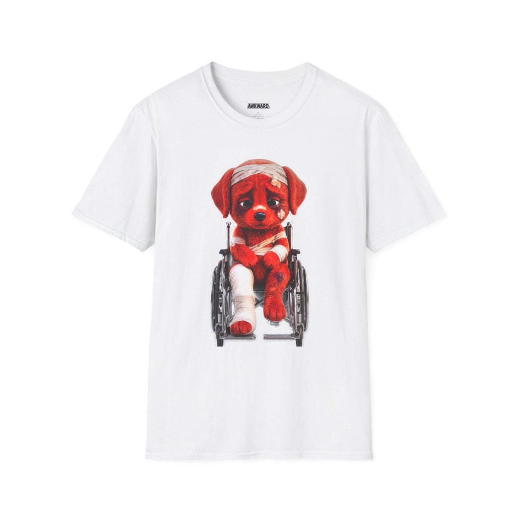 Sad Bandaged Dog Wheelchair T-Shirt — "AWKWARD." Grunge Anti‑Social Tee