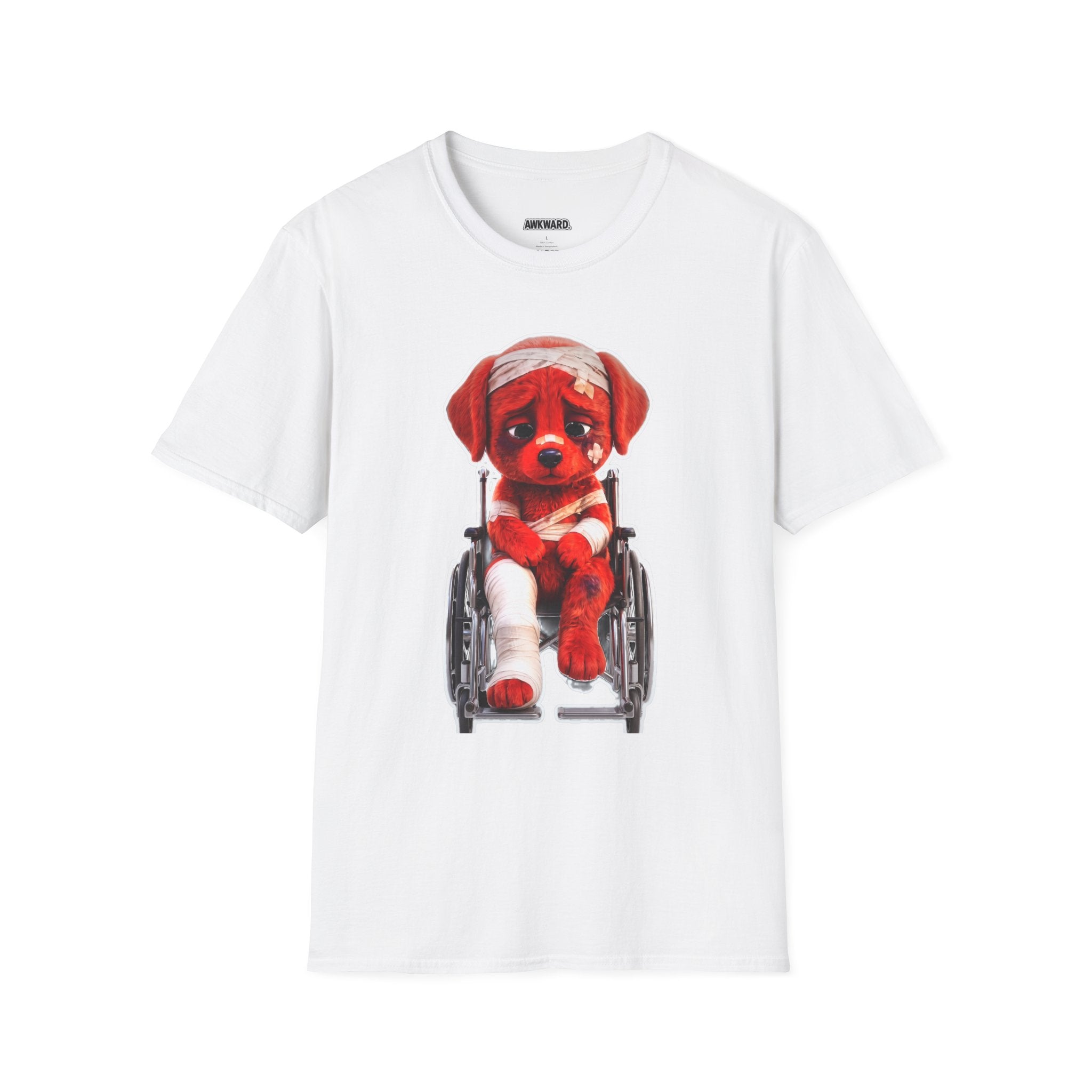 Sad Bandaged Dog Wheelchair T-Shirt — "AWKWARD." Grunge Anti‑Social Tee