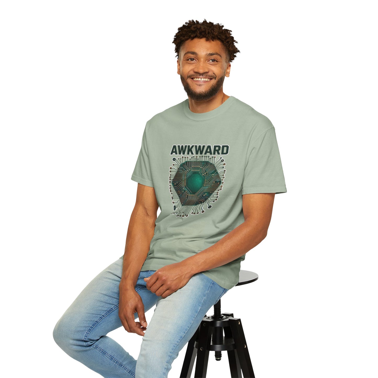 Awkward Club T-Shirt — 3D Green Microchip Graphic, Vintage Wash