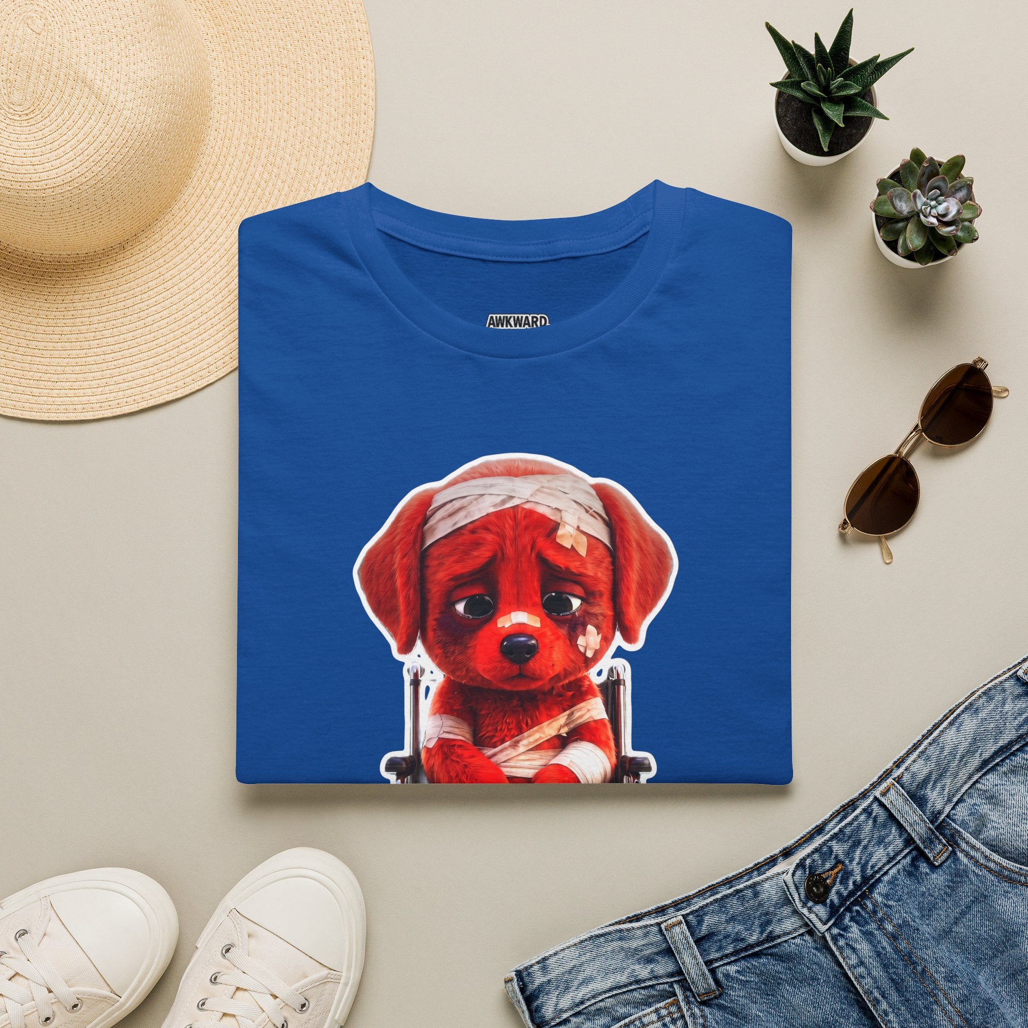 Sad Bandaged Dog Wheelchair T-Shirt — "AWKWARD." Grunge Anti‑Social Tee