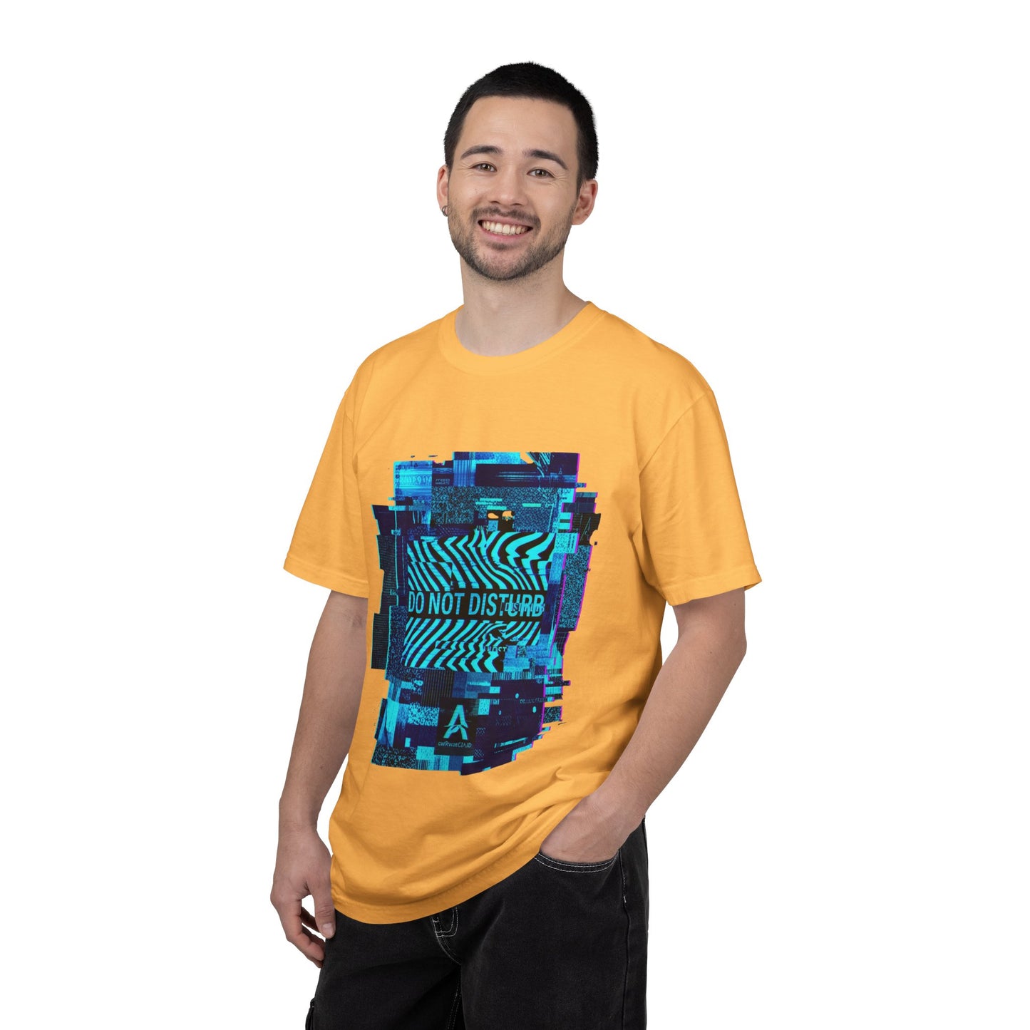 AWKWARD. Garment-Dyed Tee — Minimal Front, Neon Glitch Back