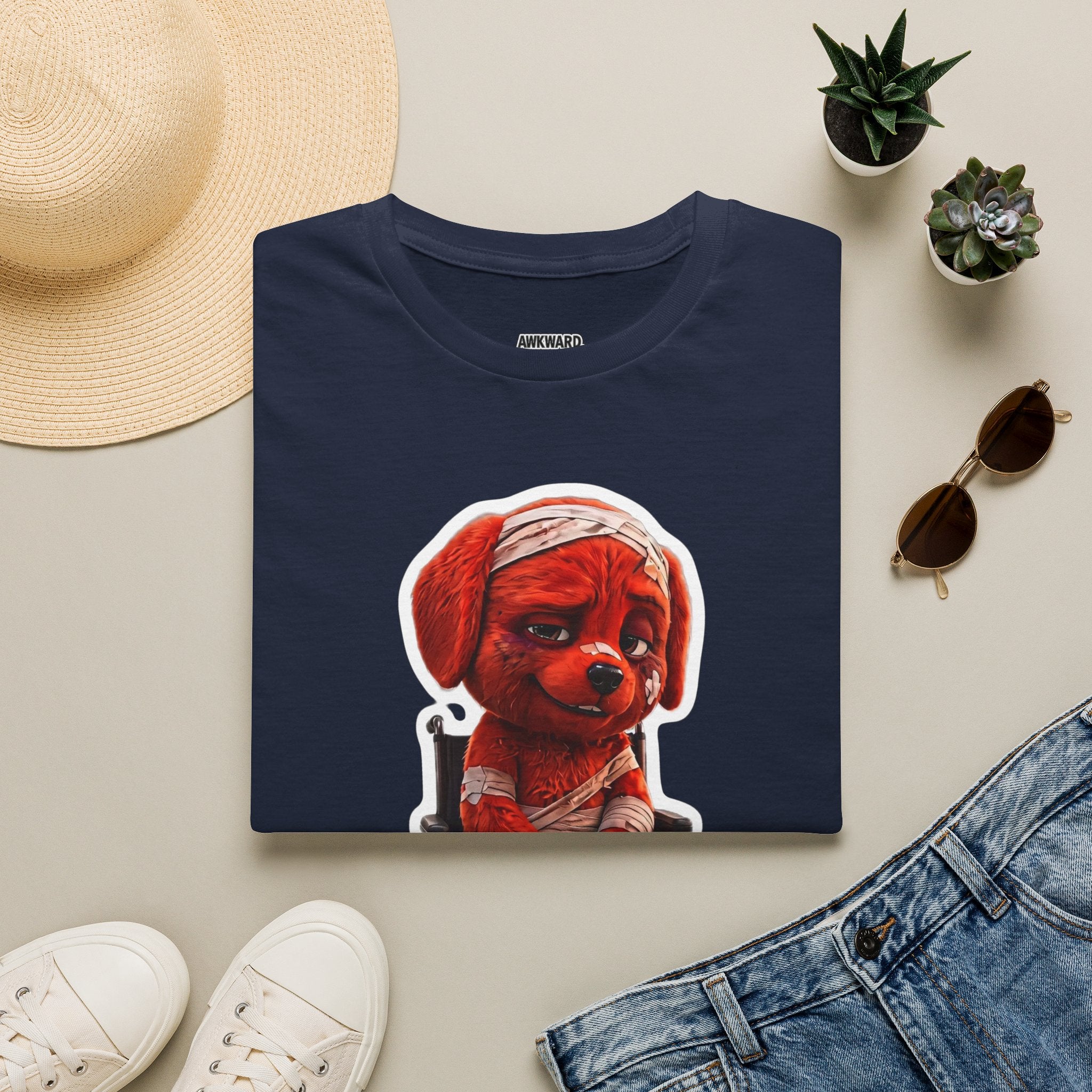 AWKWARD. Bandaged Red Dog T-Shirt — Dark Humor Grunge Y2K Streetwear