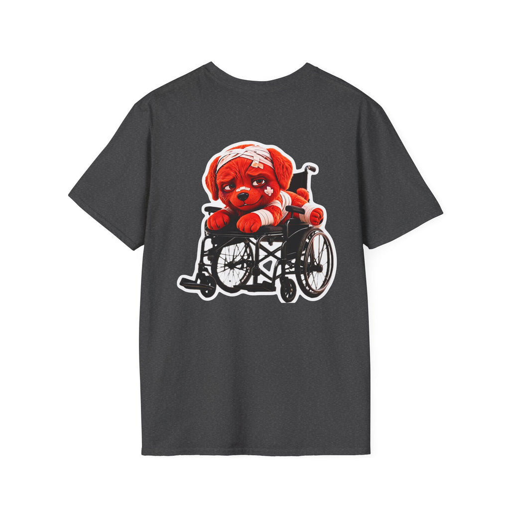 AWKWARD Tee — 3D Injured Red Dog in Wheelchair, Dark Humor Streetwear