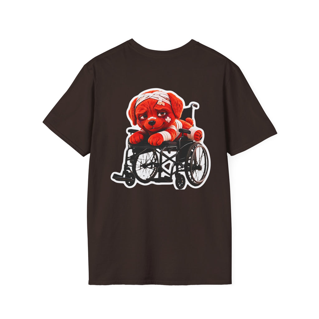 AWKWARD Tee — 3D Injured Red Dog in Wheelchair, Dark Humor Streetwear