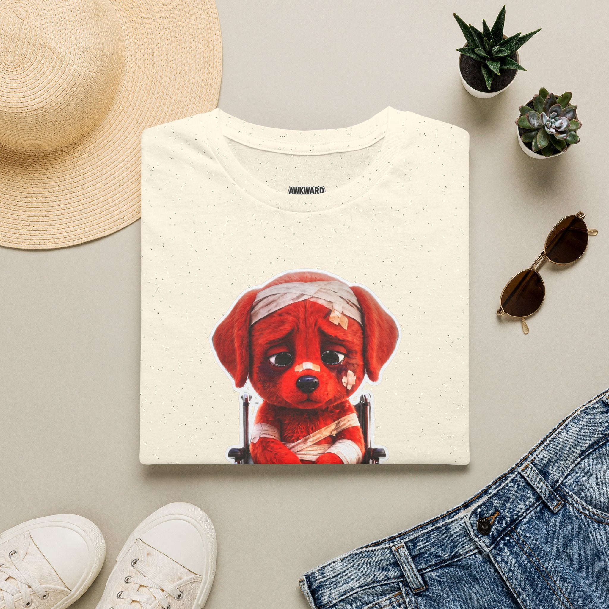 Sad Bandaged Dog Wheelchair T-Shirt — "AWKWARD." Grunge Anti‑Social Tee