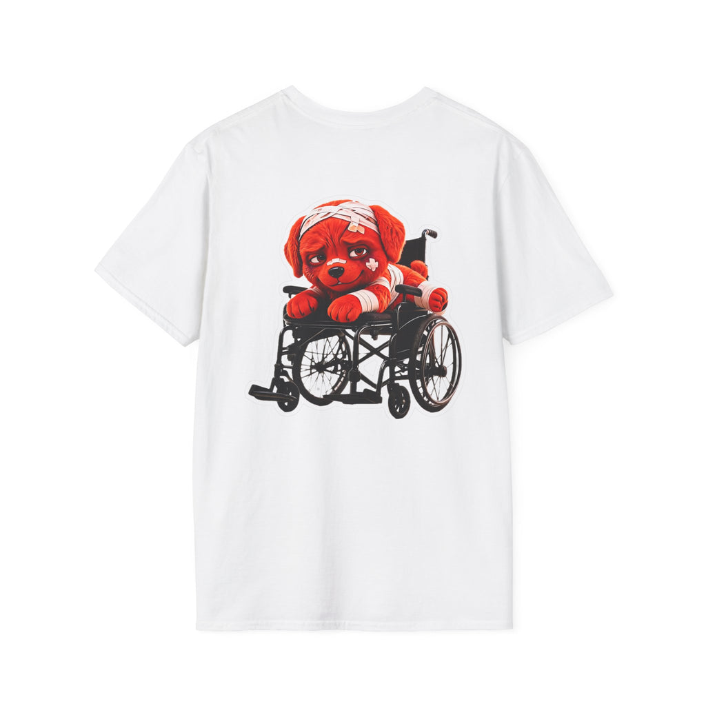 AWKWARD Tee — 3D Injured Red Dog in Wheelchair, Dark Humor Streetwear