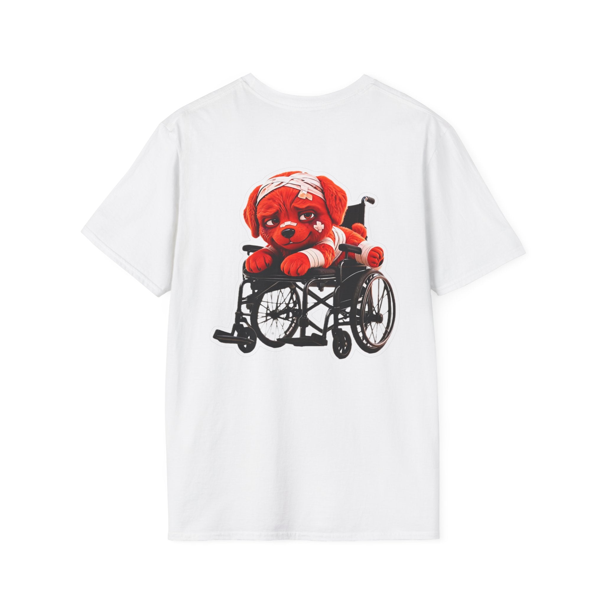 AWKWARD Tee — 3D Injured Red Dog in Wheelchair, Dark Humor Streetwear