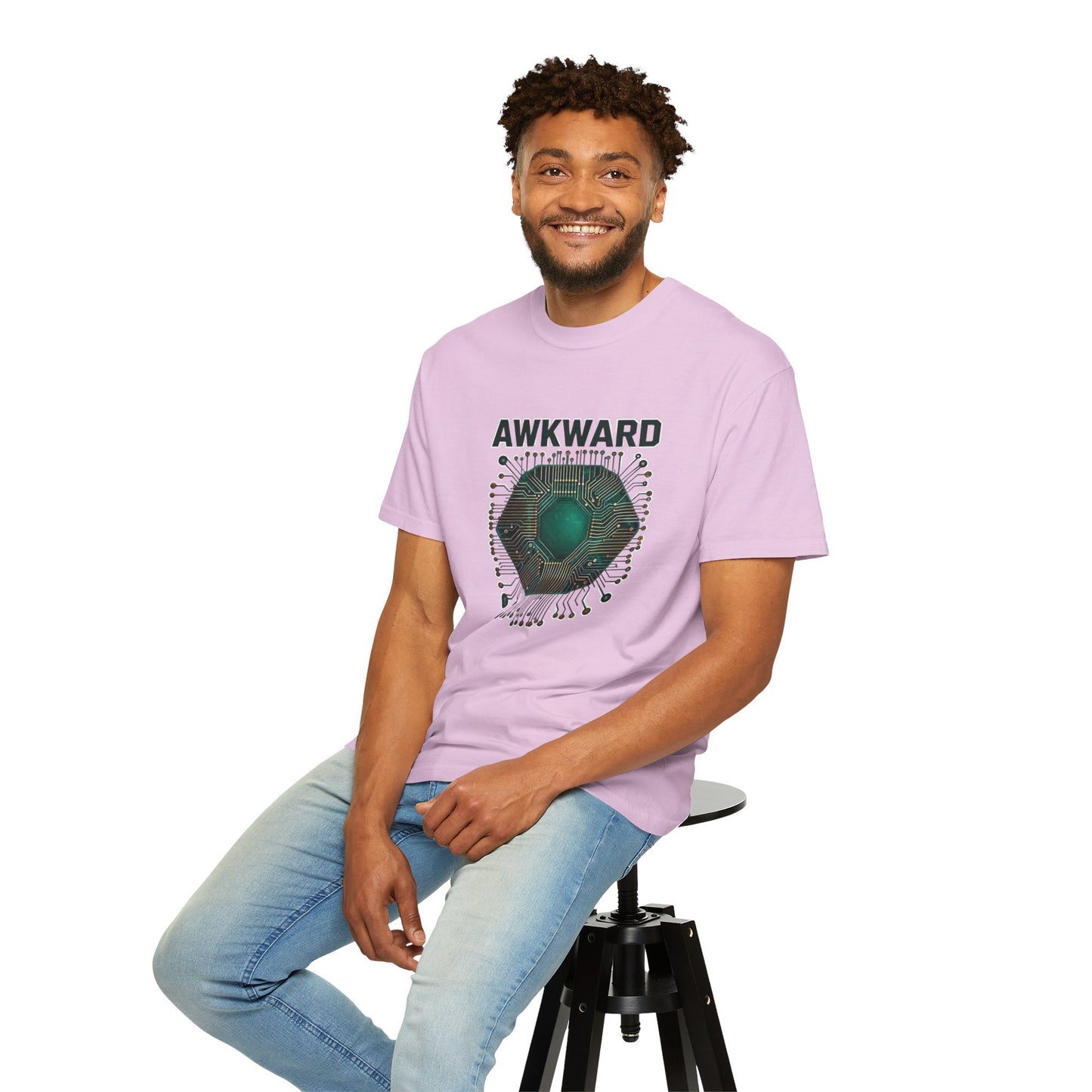 Awkward Club T-Shirt — 3D Green Microchip Graphic, Vintage Wash