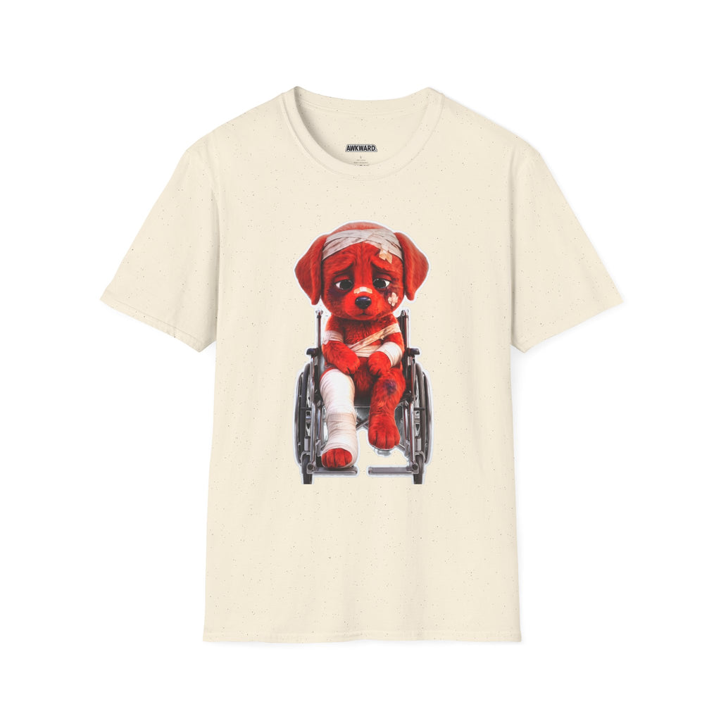 Sad Bandaged Dog Wheelchair T-Shirt — "AWKWARD." Grunge Anti‑Social Tee