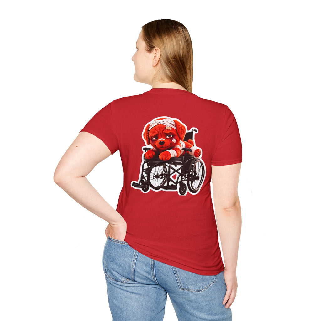 AWKWARD Tee — 3D Injured Red Dog in Wheelchair, Dark Humor Streetwear