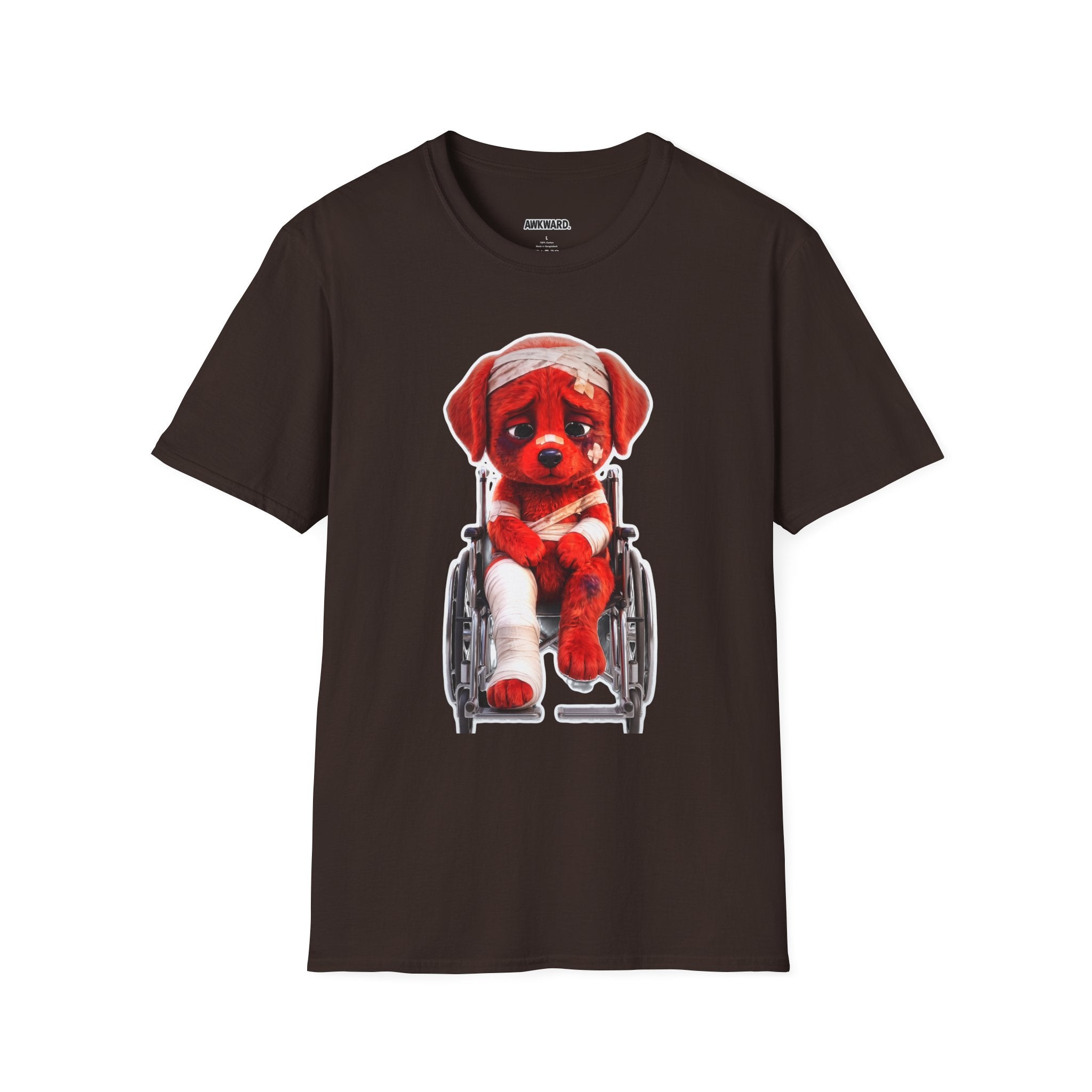 Sad Bandaged Dog Wheelchair T-Shirt — "AWKWARD." Grunge Anti‑Social Tee