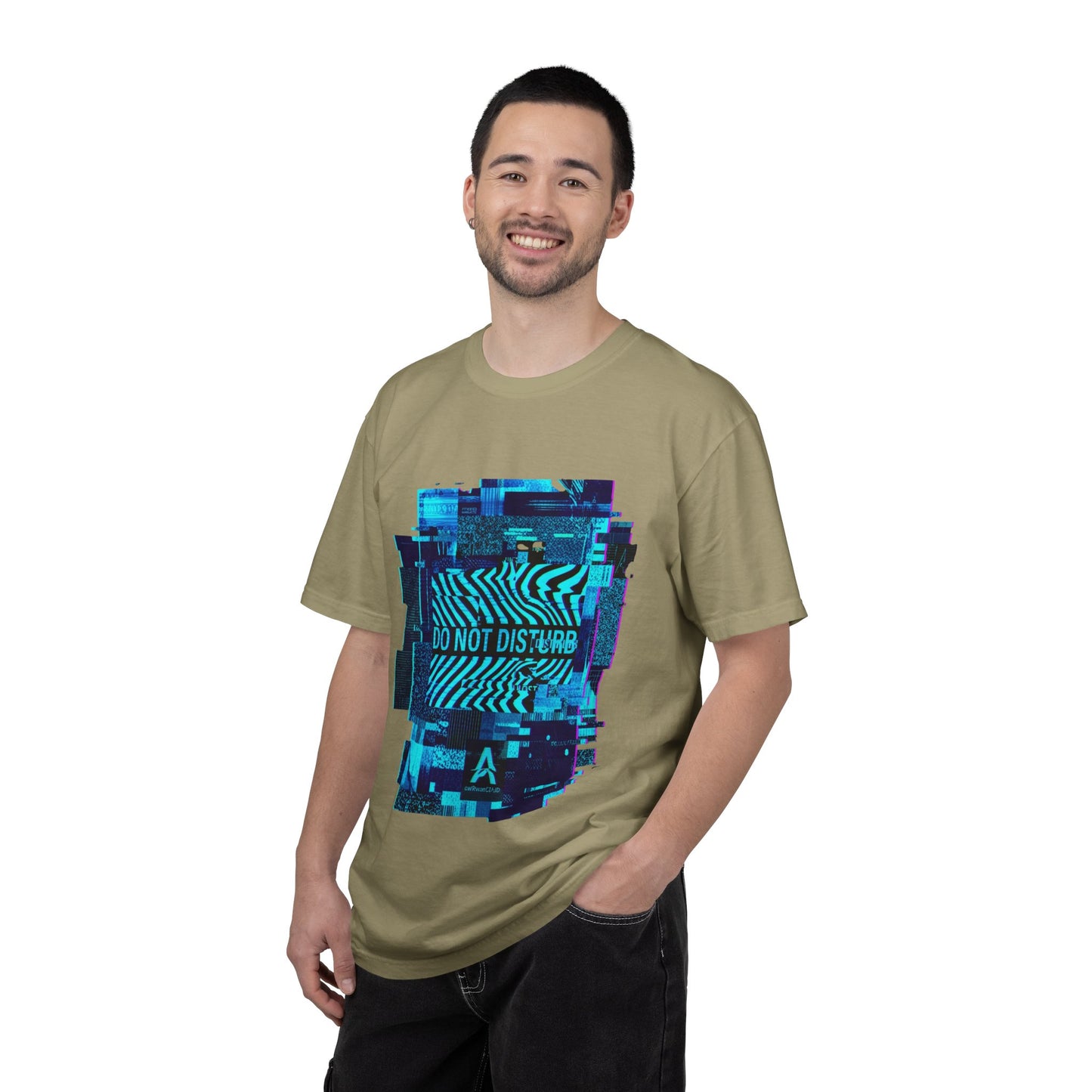 AWKWARD. Garment-Dyed Tee — Minimal Front, Neon Glitch Back