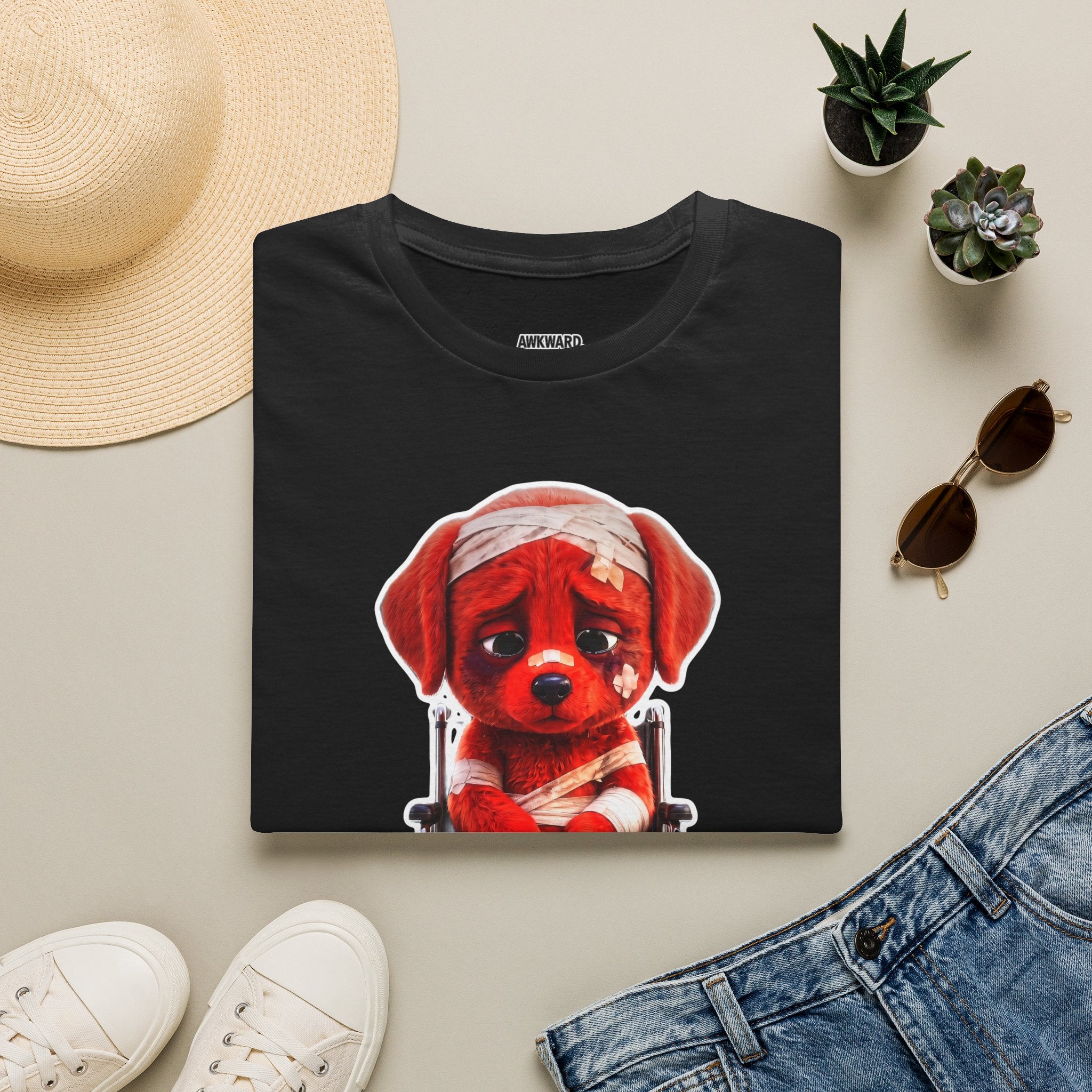 Sad Bandaged Dog Wheelchair T-Shirt — "AWKWARD." Grunge Anti‑Social Tee