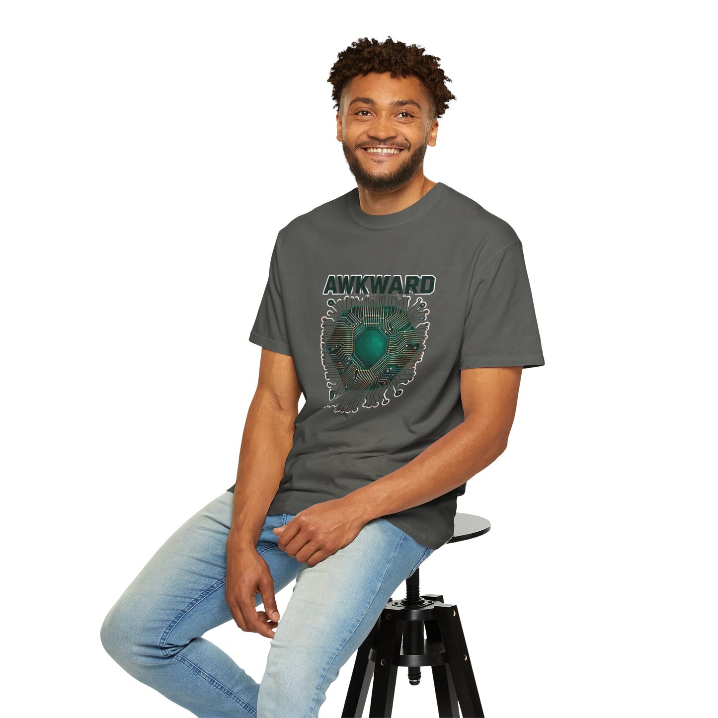 Awkward Club T-Shirt — 3D Green Microchip Graphic, Vintage Wash