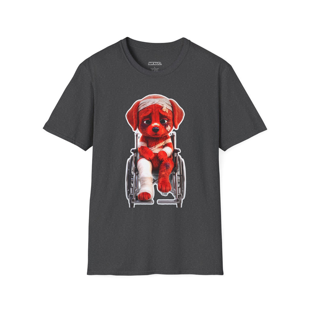 Sad Bandaged Dog Wheelchair T-Shirt — "AWKWARD." Grunge Anti‑Social Tee