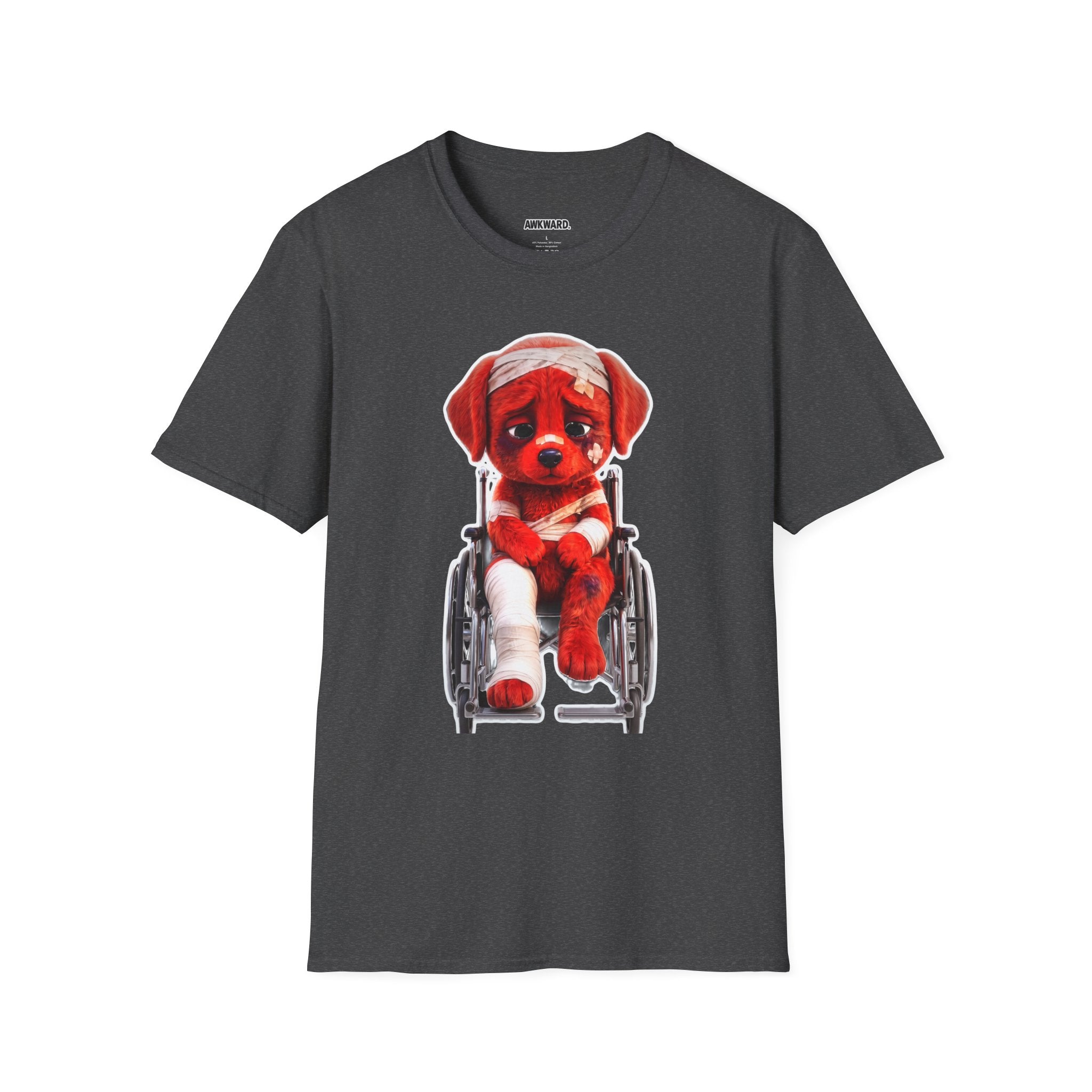 Sad Bandaged Dog Wheelchair T-Shirt — "AWKWARD." Grunge Anti‑Social Tee