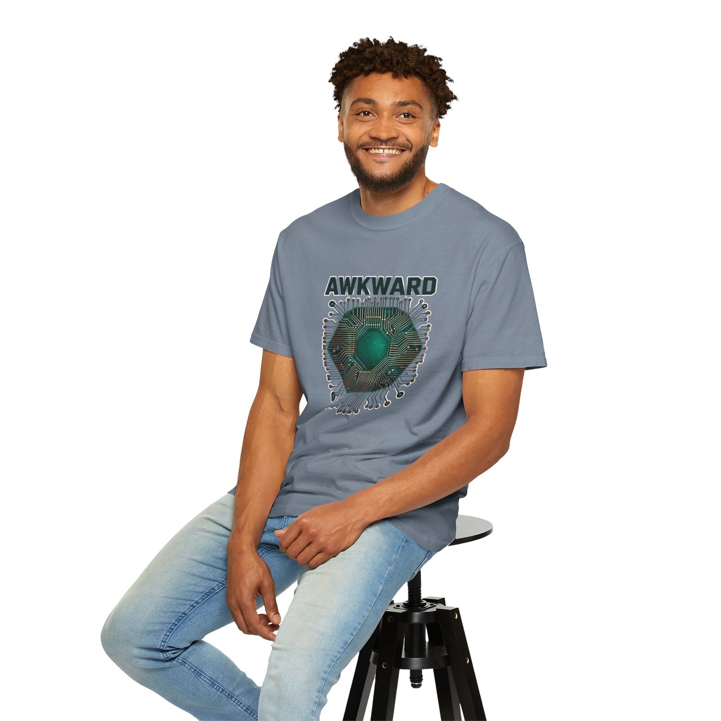 Awkward Club T-Shirt — 3D Green Microchip Graphic, Vintage Wash
