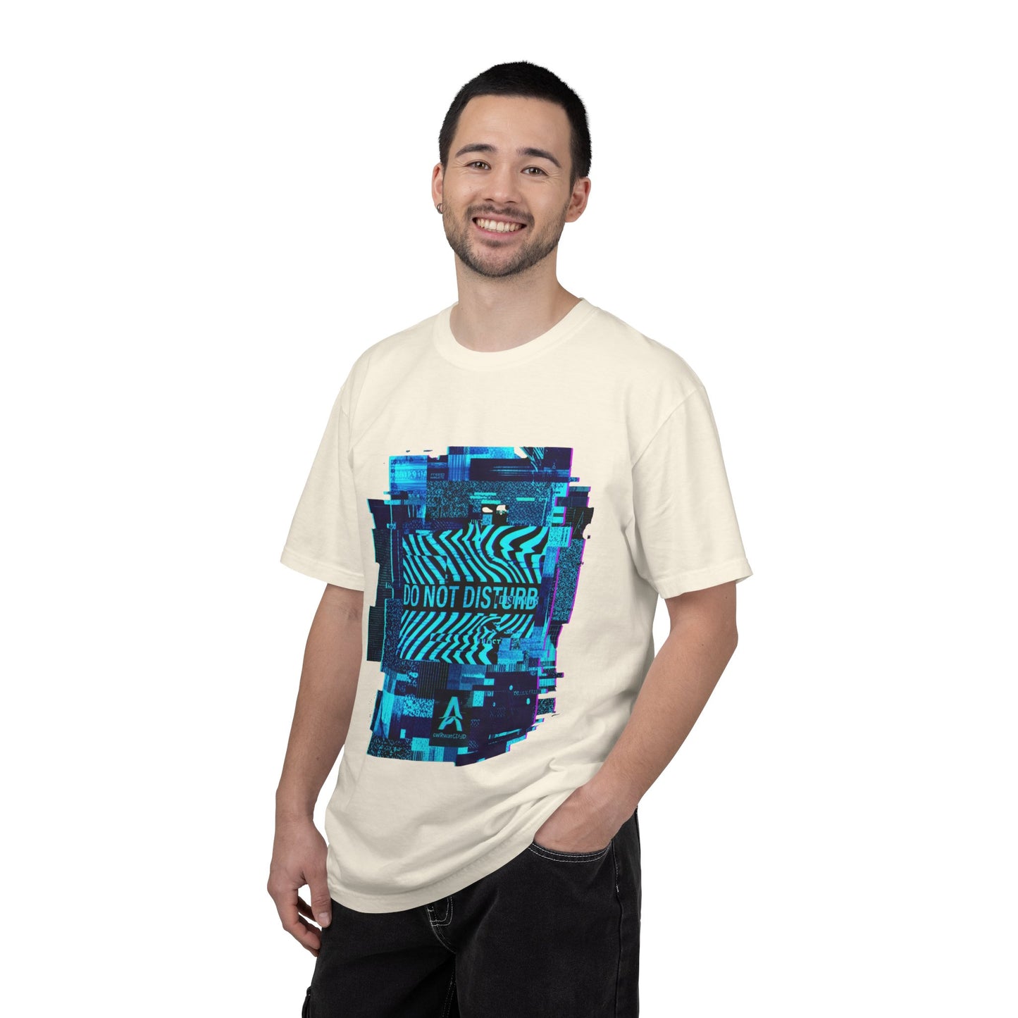 AWKWARD. Garment-Dyed Tee — Minimal Front, Neon Glitch Back