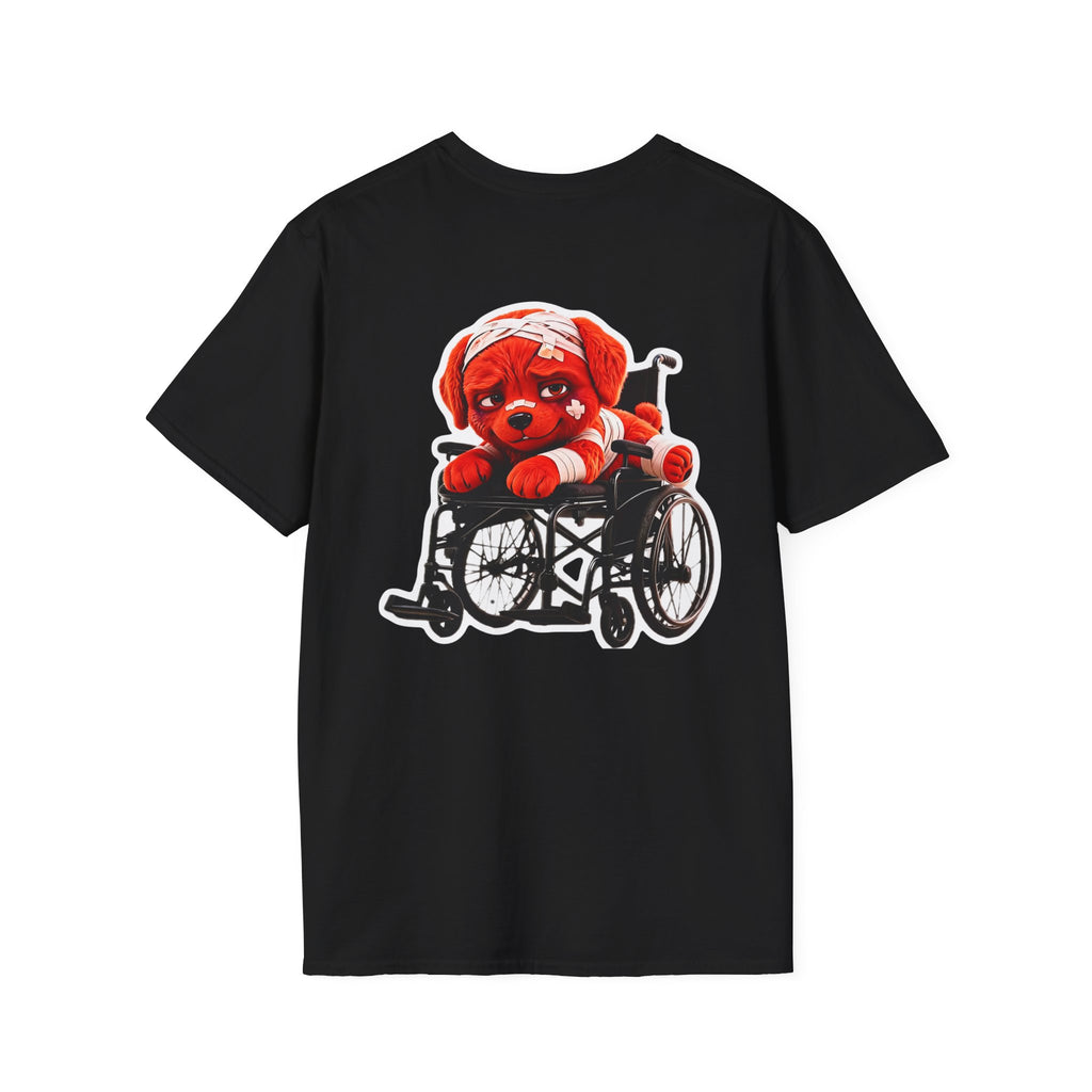 AWKWARD Tee — 3D Injured Red Dog in Wheelchair, Dark Humor Streetwear