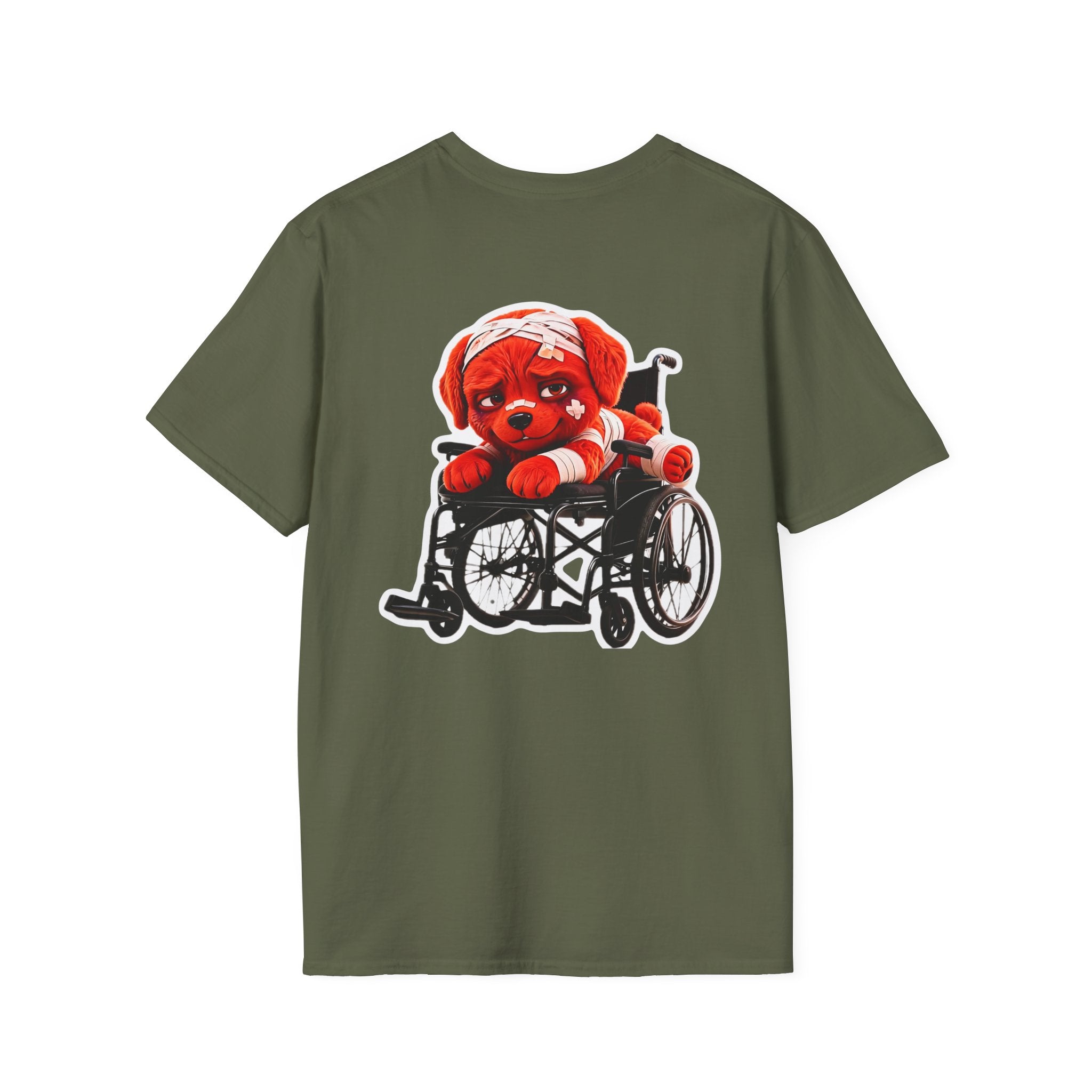 AWKWARD Tee — 3D Injured Red Dog in Wheelchair, Dark Humor Streetwear