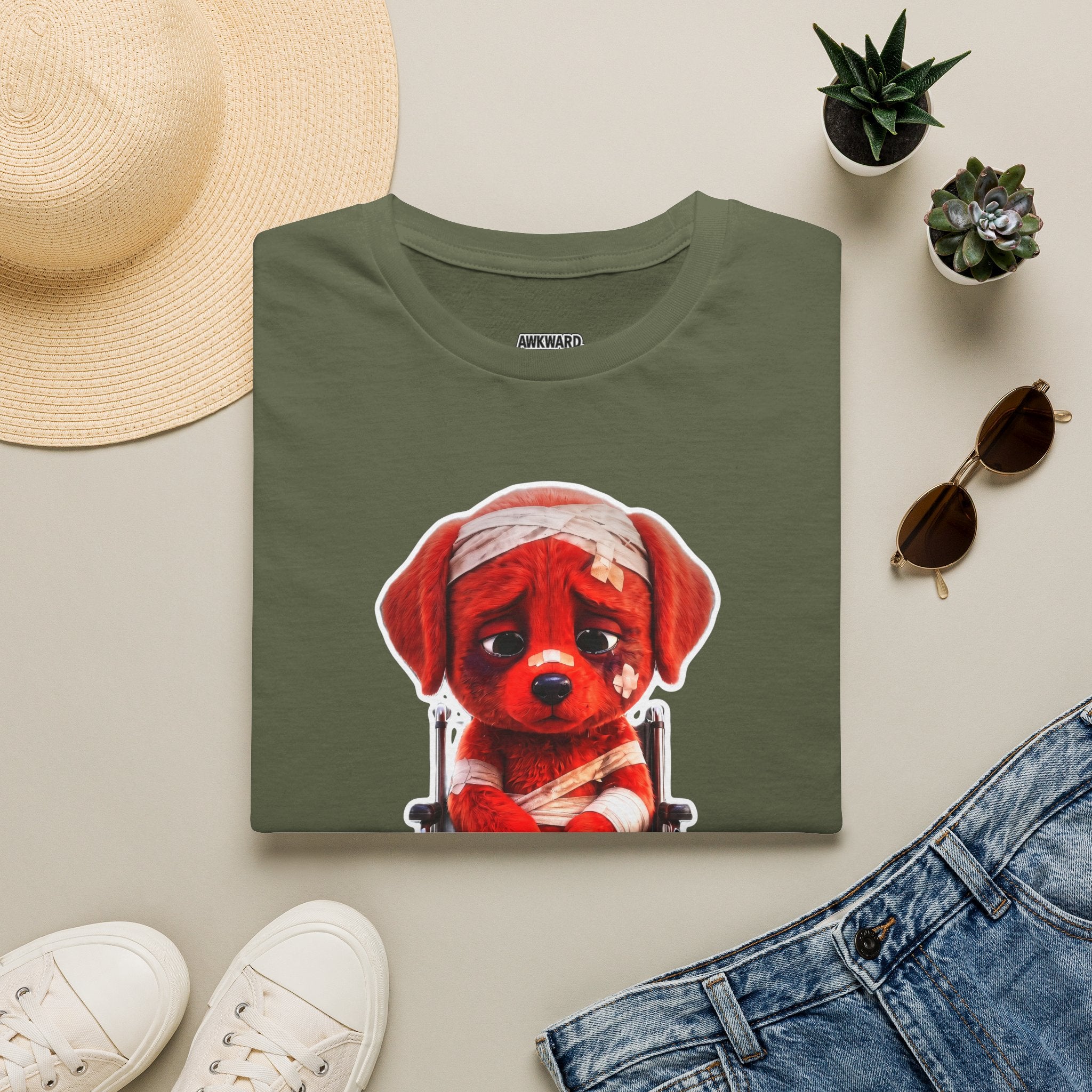 Sad Bandaged Dog Wheelchair T-Shirt — "AWKWARD." Grunge Anti‑Social Tee