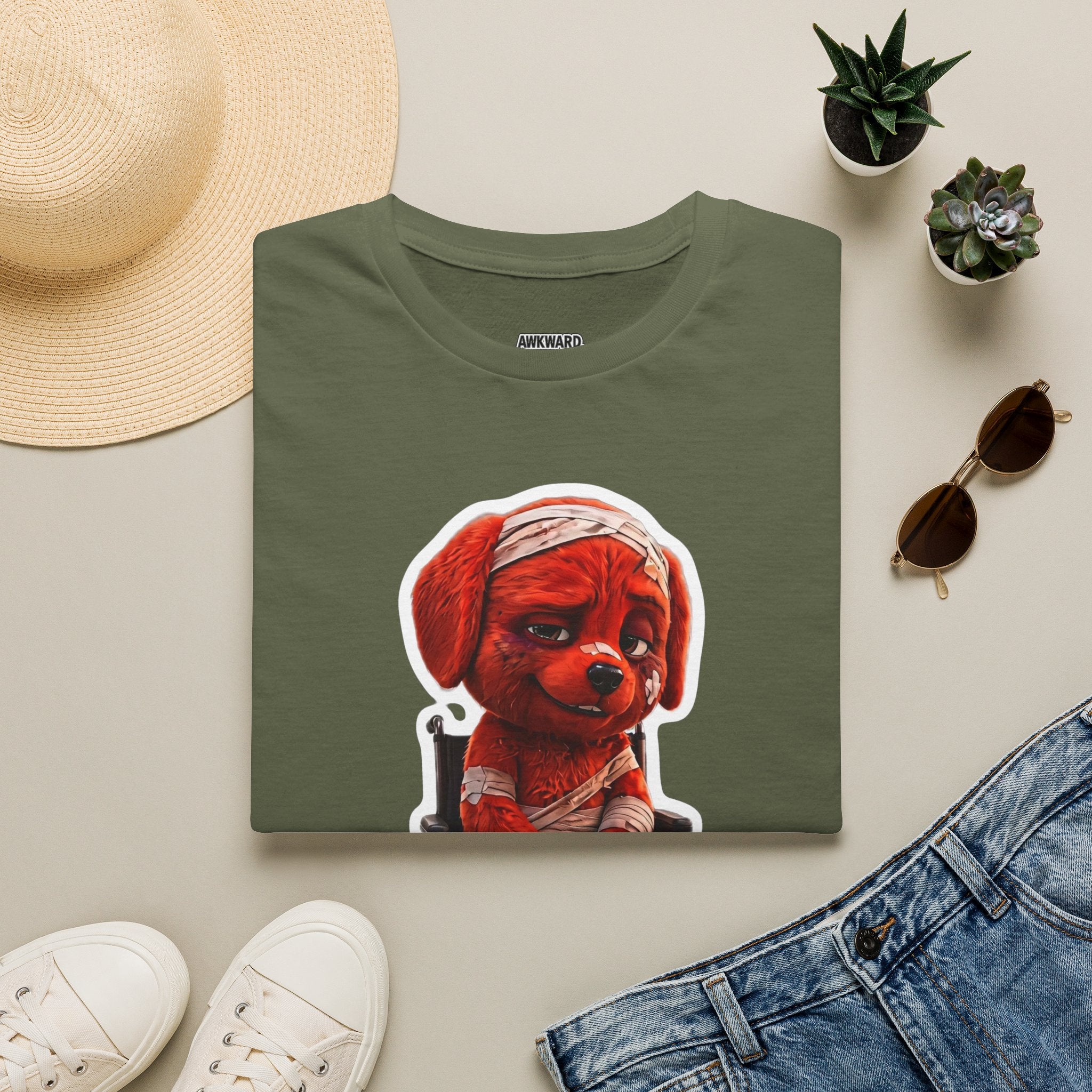 AWKWARD. Bandaged Red Dog T-Shirt — Dark Humor Grunge Y2K Streetwear