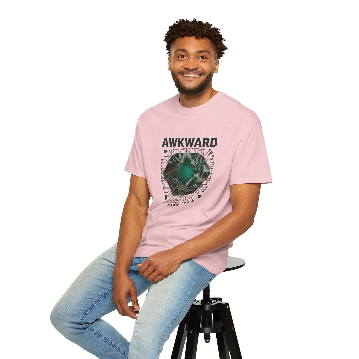 Awkward Club T-Shirt — 3D Green Microchip Graphic, Vintage Wash