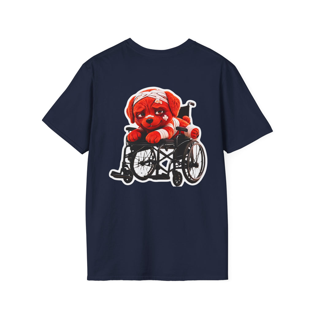 AWKWARD Tee — 3D Injured Red Dog in Wheelchair, Dark Humor Streetwear