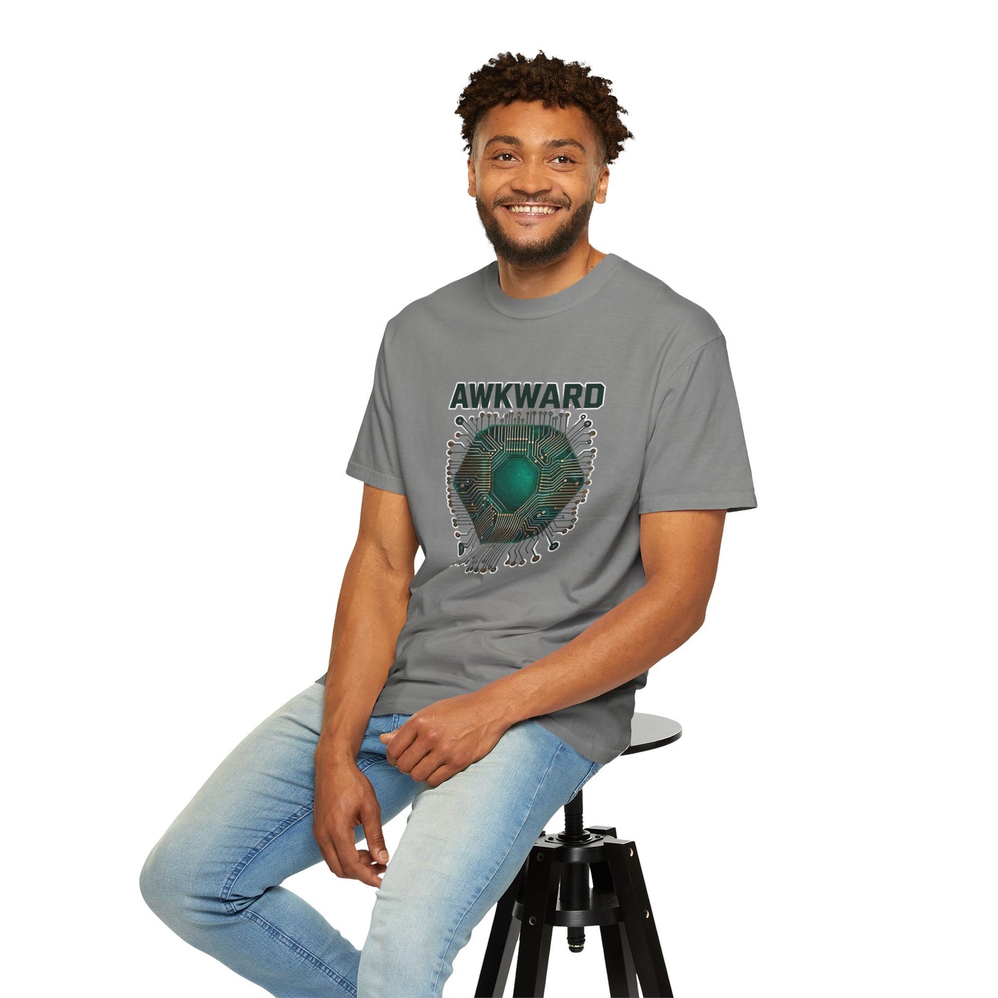 Awkward Club T-Shirt — 3D Green Microchip Graphic, Vintage Wash