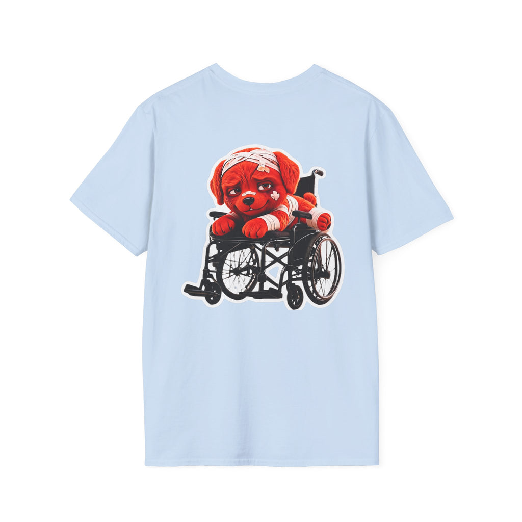 AWKWARD Tee — 3D Injured Red Dog in Wheelchair, Dark Humor Streetwear
