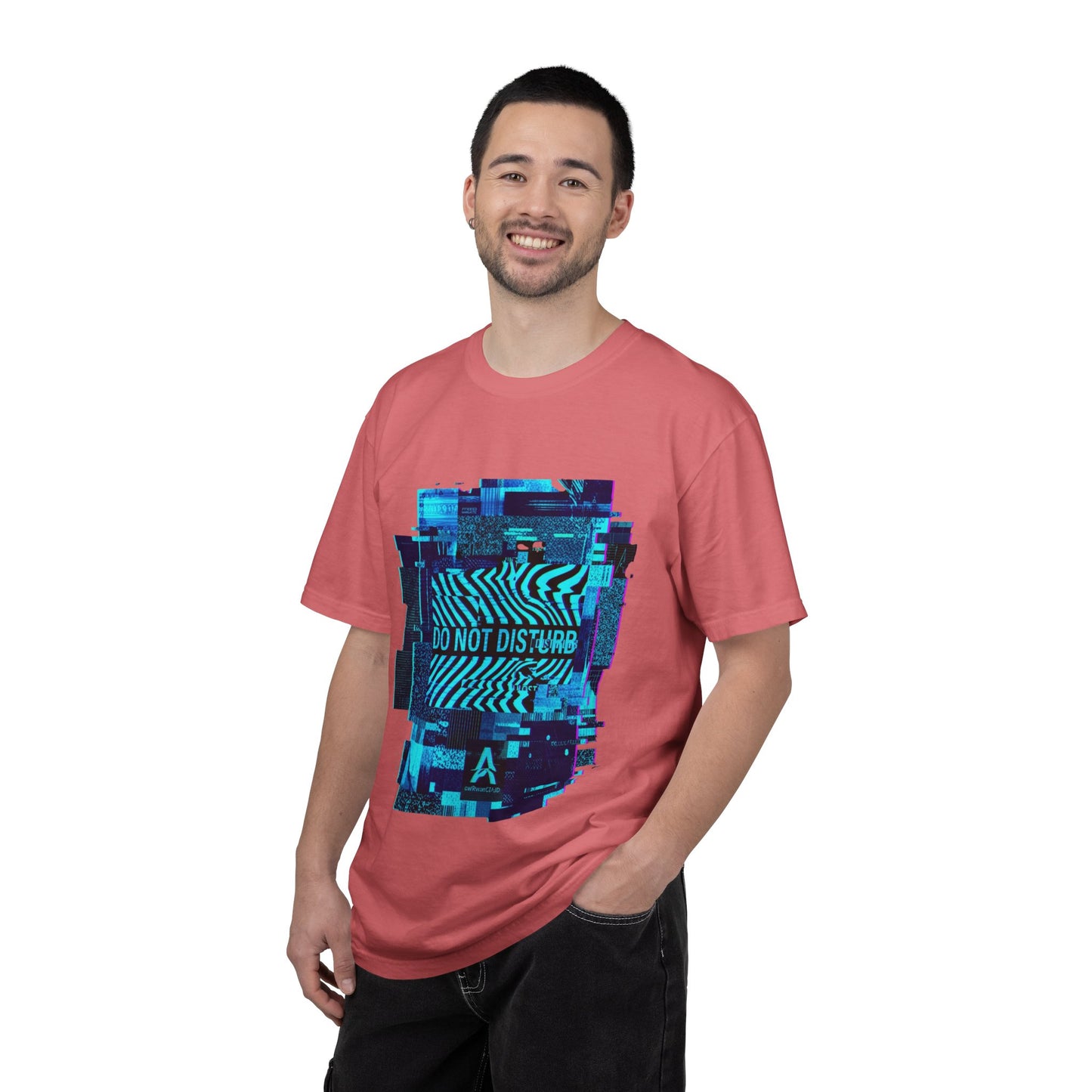 AWKWARD. Garment-Dyed Tee — Minimal Front, Neon Glitch Back