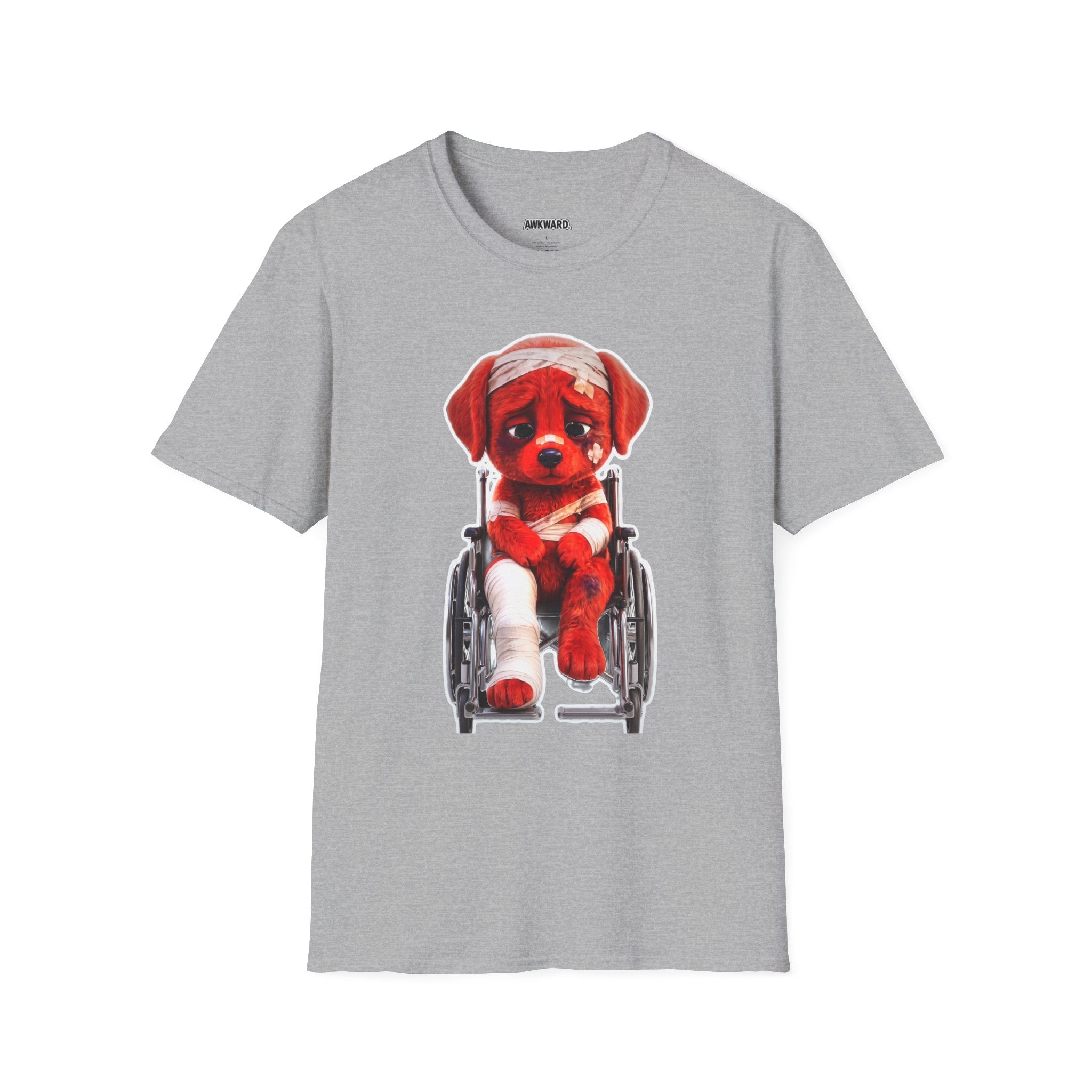 Sad Bandaged Dog Wheelchair T-Shirt — "AWKWARD." Grunge Anti‑Social Tee