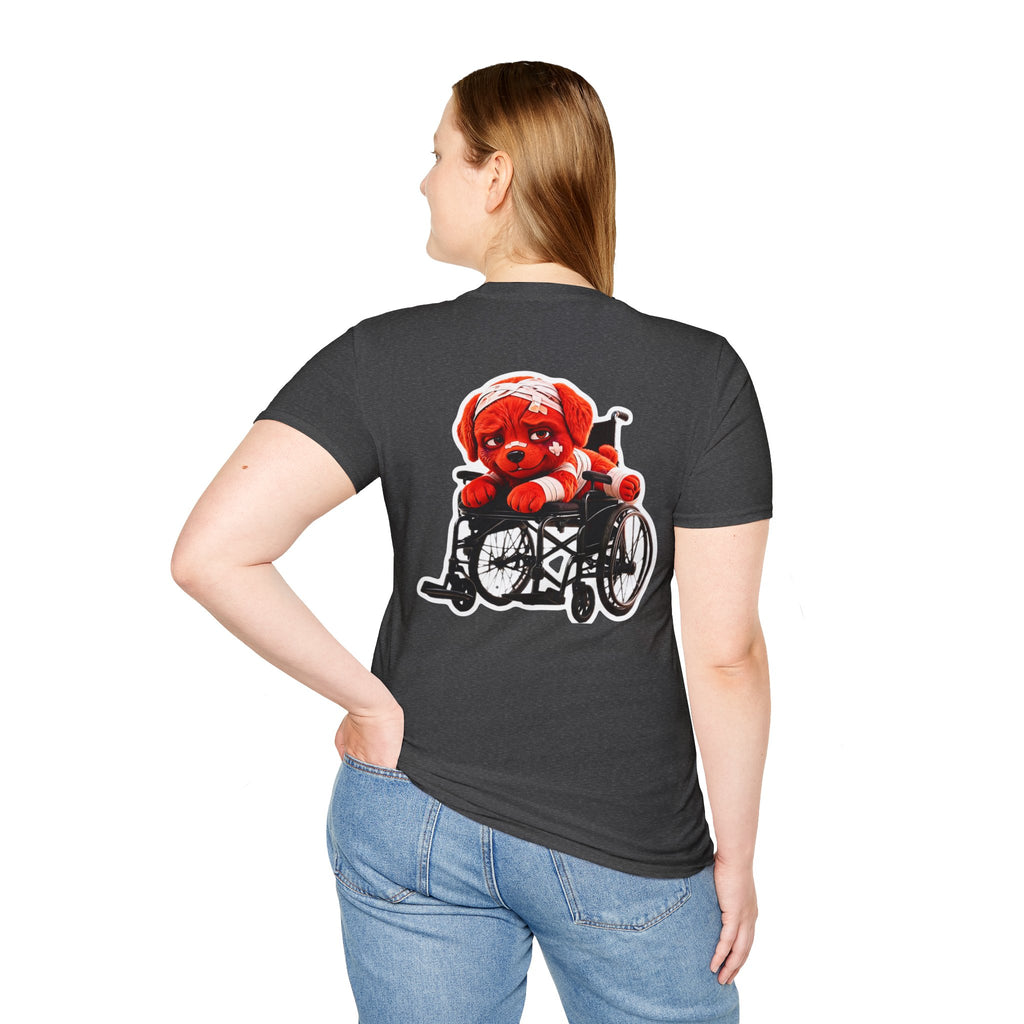 AWKWARD Tee — 3D Injured Red Dog in Wheelchair, Dark Humor Streetwear