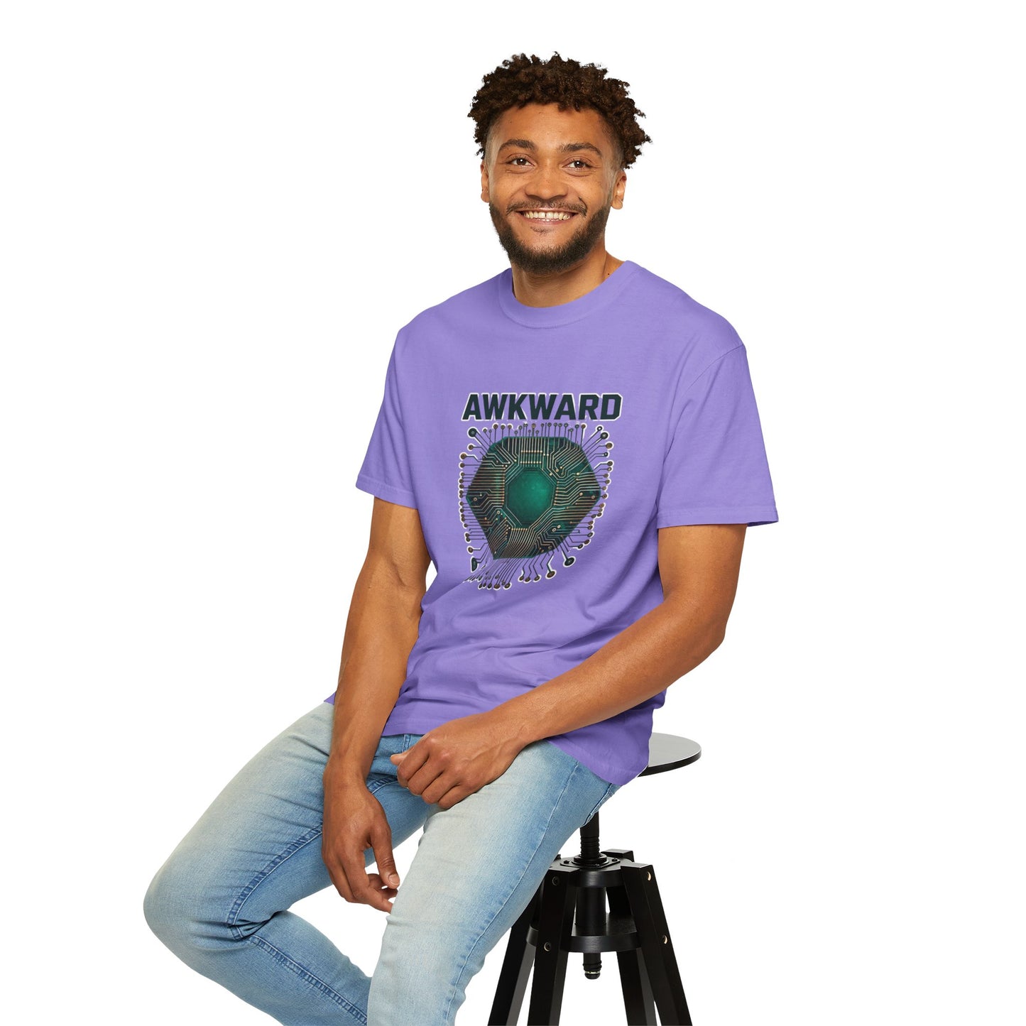 Awkward Club T-Shirt — 3D Green Microchip Graphic, Vintage Wash