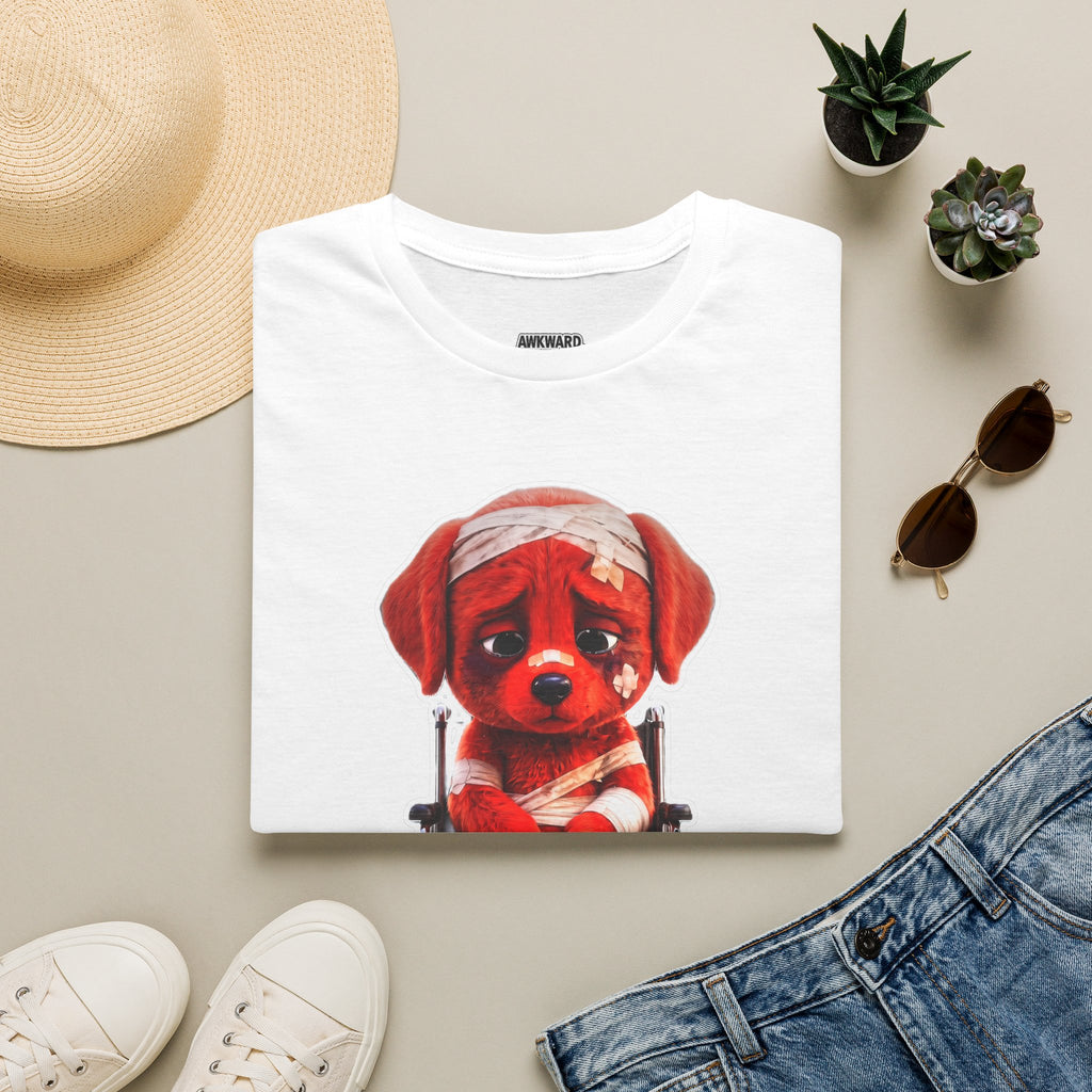 Sad Bandaged Dog Wheelchair T-Shirt — "AWKWARD." Grunge Anti‑Social Tee