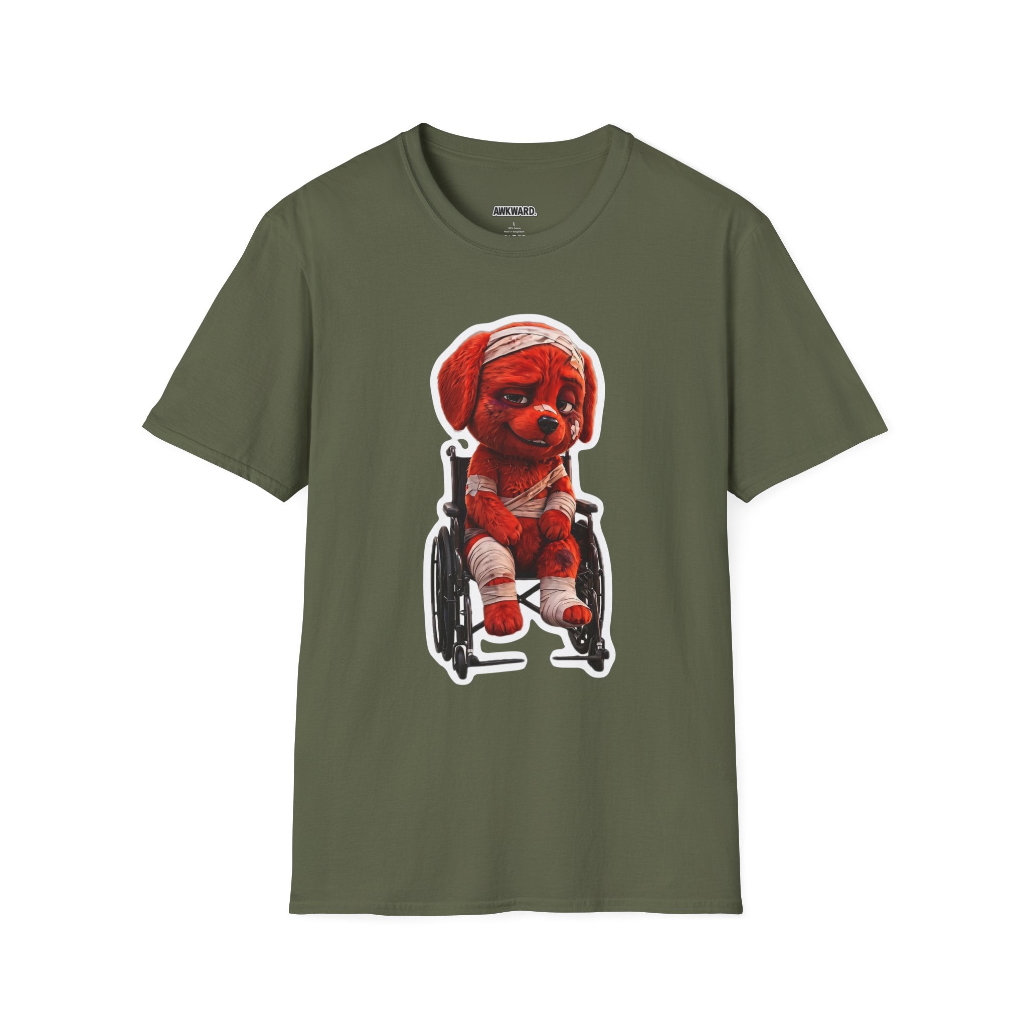 AWKWARD. Bandaged Red Dog T-Shirt — Dark Humor Grunge Y2K Streetwear