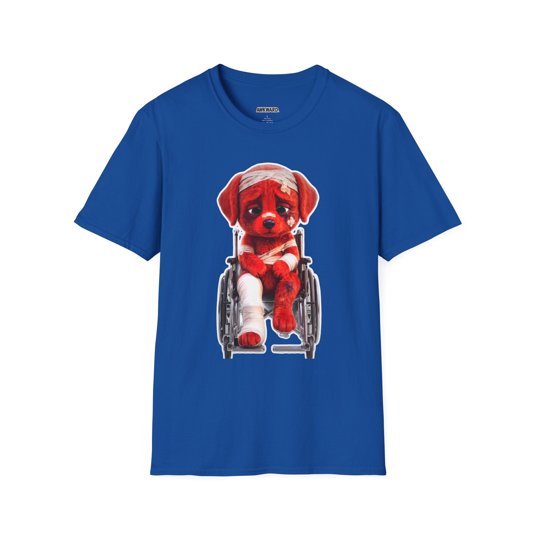Sad Bandaged Dog Wheelchair T-Shirt — "AWKWARD." Grunge Anti‑Social Tee