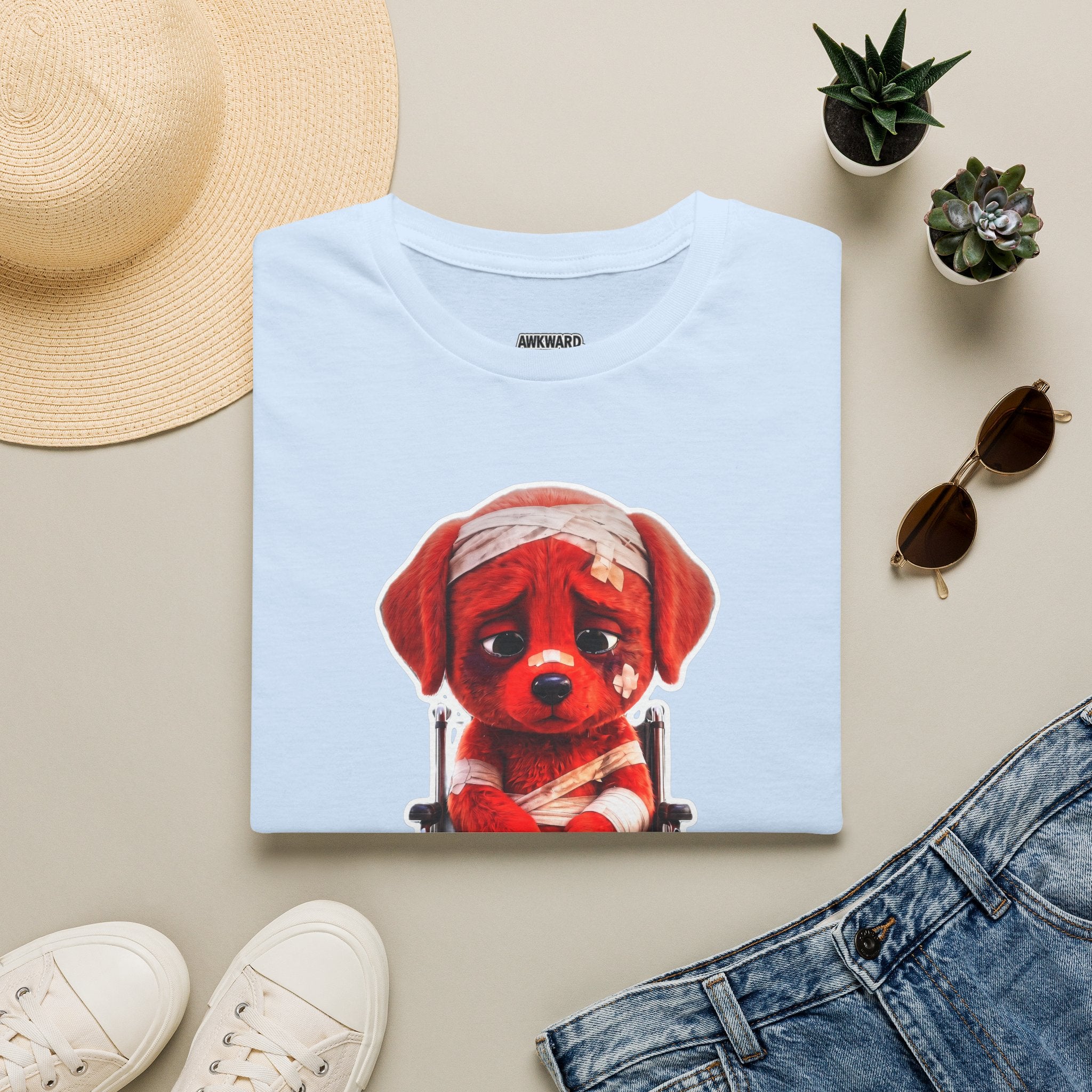 Sad Bandaged Dog Wheelchair T-Shirt — "AWKWARD." Grunge Anti‑Social Tee
