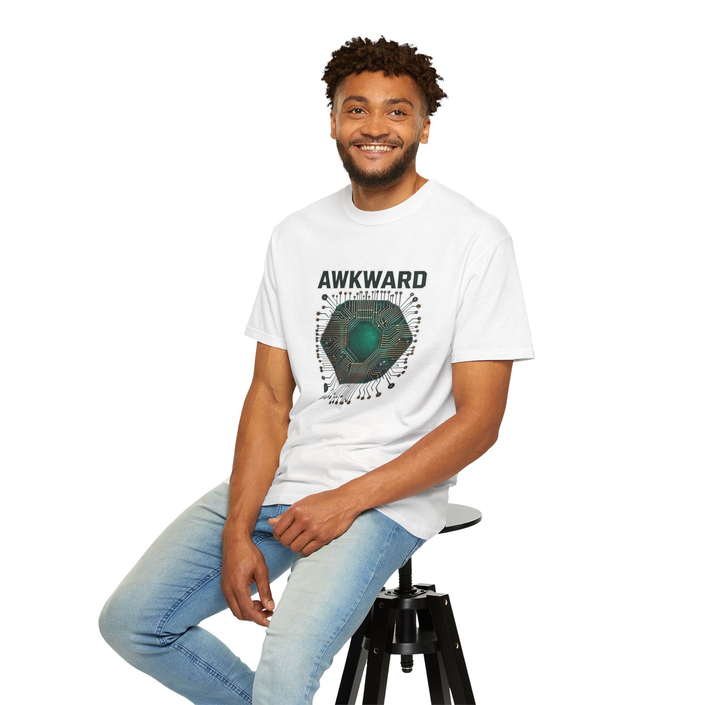Awkward Club T-Shirt — 3D Green Microchip Graphic, Vintage Wash