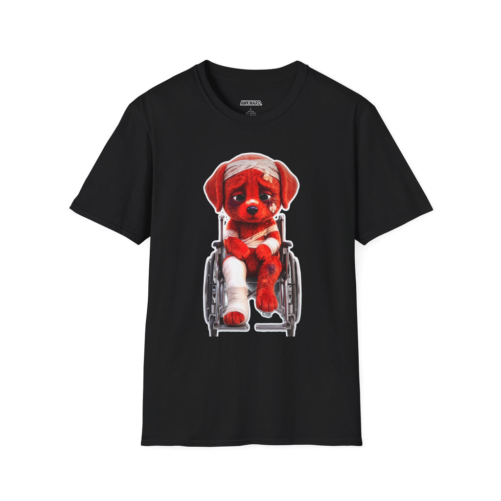 Sad Bandaged Dog Wheelchair T-Shirt — "AWKWARD." Grunge Anti‑Social Tee