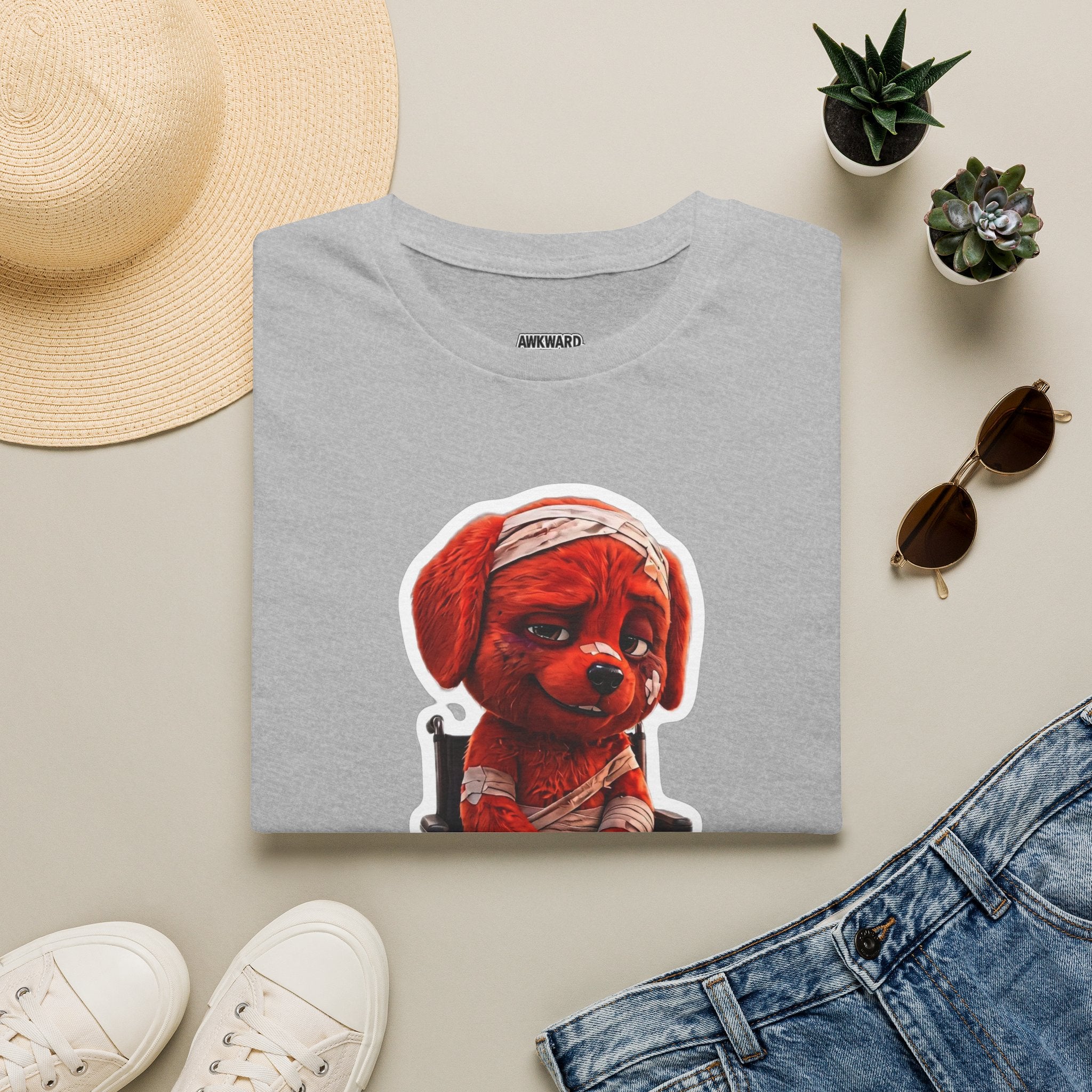 AWKWARD. Bandaged Red Dog T-Shirt — Dark Humor Grunge Y2K Streetwear