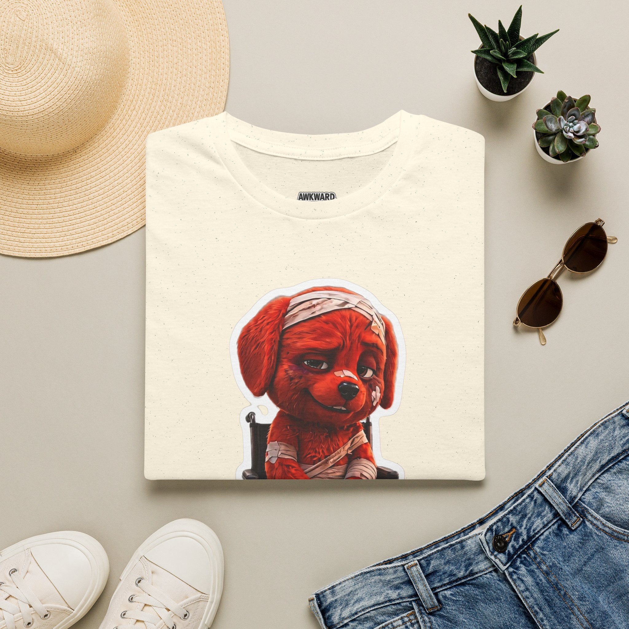 AWKWARD. Bandaged Red Dog T-Shirt — Dark Humor Grunge Y2K Streetwear