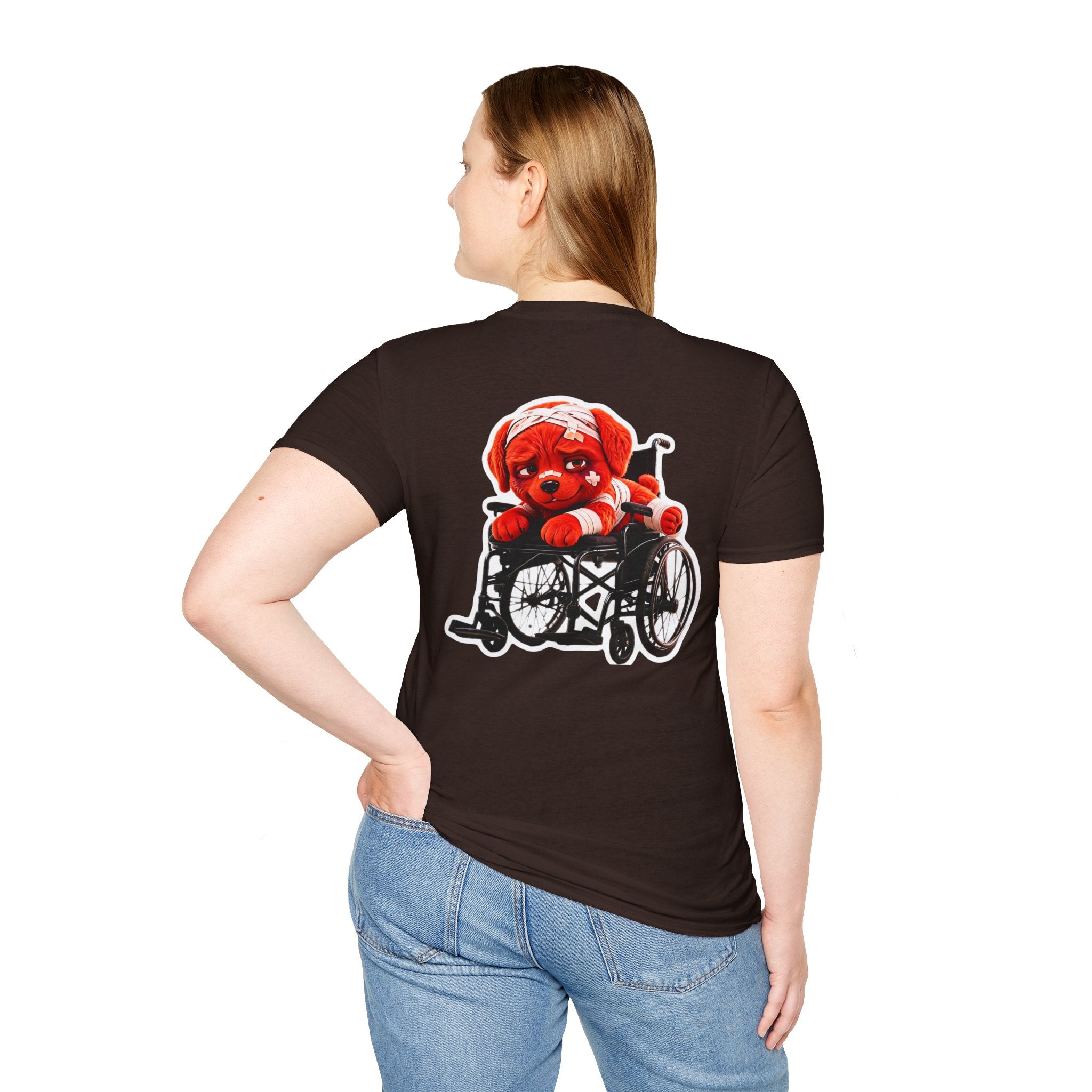 AWKWARD Tee — 3D Injured Red Dog in Wheelchair, Dark Humor Streetwear