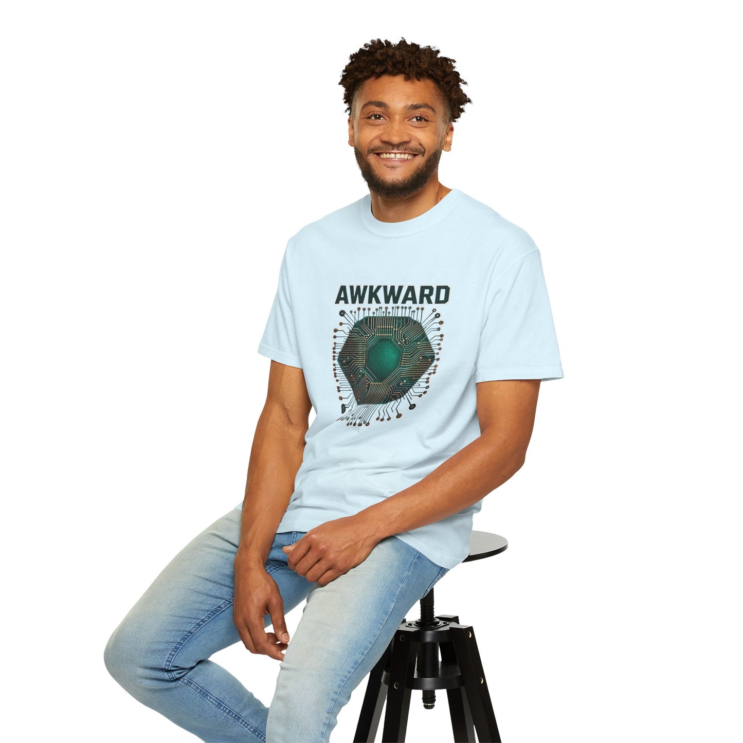 Awkward Club T-Shirt — 3D Green Microchip Graphic, Vintage Wash