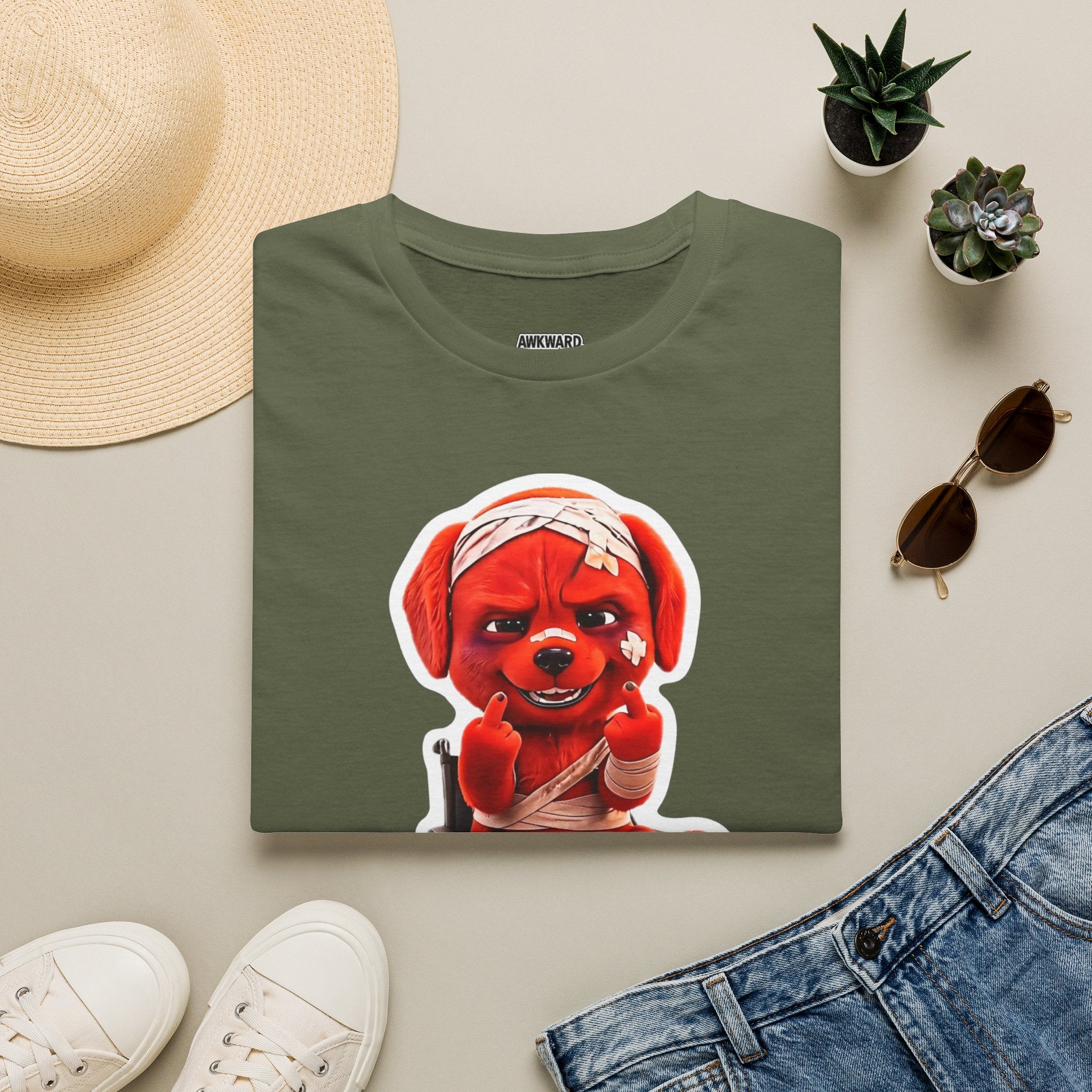 3D Injured Red Dog T-Shirt — 'Damaged But Surviving' Edgy Streetwear