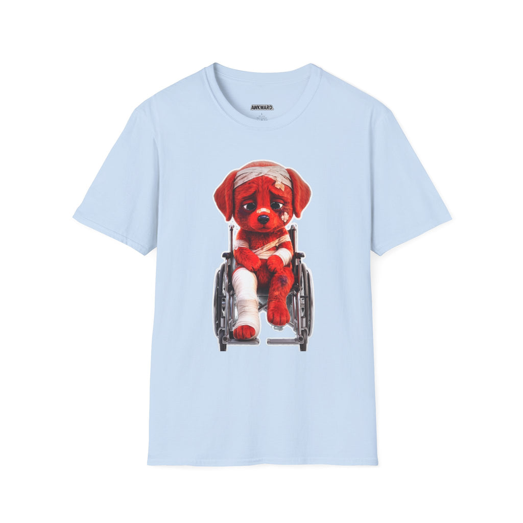 Sad Bandaged Dog Wheelchair T-Shirt — "AWKWARD." Grunge Anti‑Social Tee